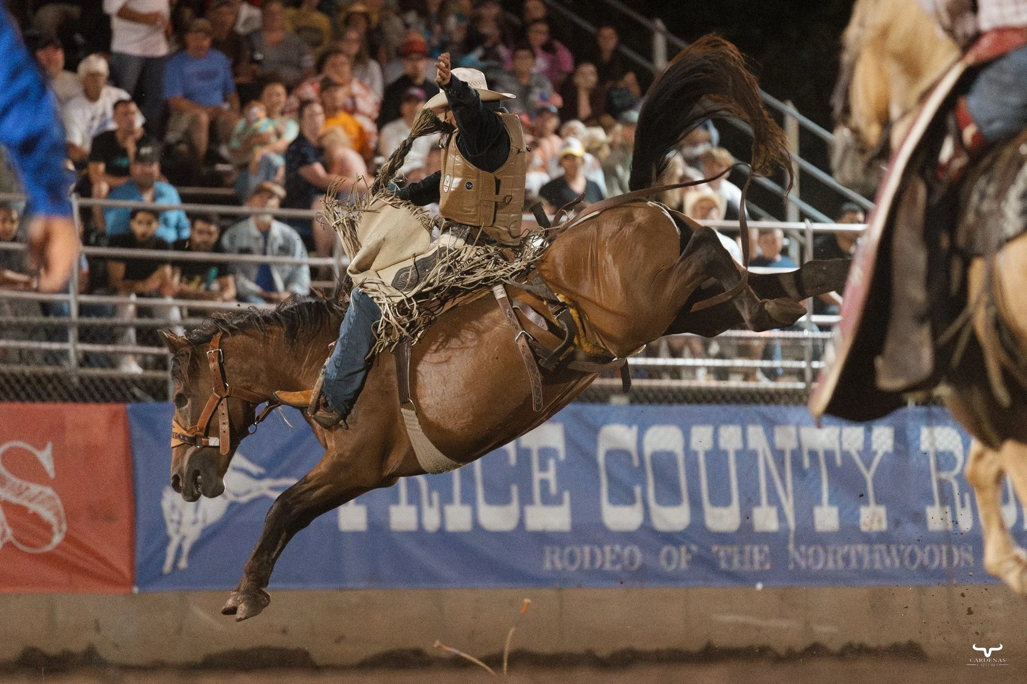 A cowboy riding a bucking horse during a rodeo event at the Prince County Rodeo, with spectators watching from the stands in the background.