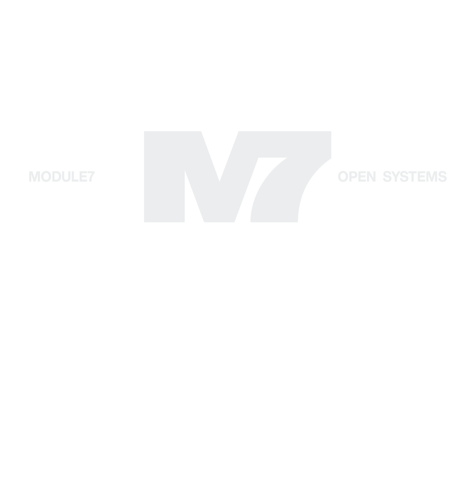 Das Bild zeigt einen weißen Hintergrund mit einem großen, unscharfen Logo und dem Text "MODULE7 OPEN SYSTEMS" in hellgrauer Schrift.
