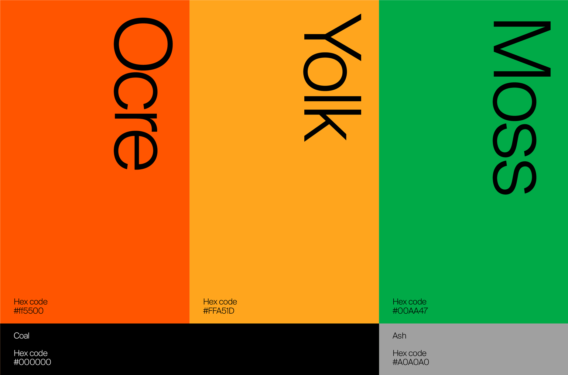 Das Bild zeigt drei vertikale Farbstreifen in den Farben Orange (#ff5500), Gelb (#FFAA1D) und Grün (#00AA47). Über jedem Streifen steht das Wort in schwarzer Schrift: "coal", "yolk" und "wealm". Below each word, the hex color code is shown: #000000, #FFAA1D, and #00AA47. Unten im Bild sind zwei horizontal farbige Streifen: Schwarz (#000000) und Grau (#A0A0A0), mit den Beschriftungen "Coal" und "Ash".