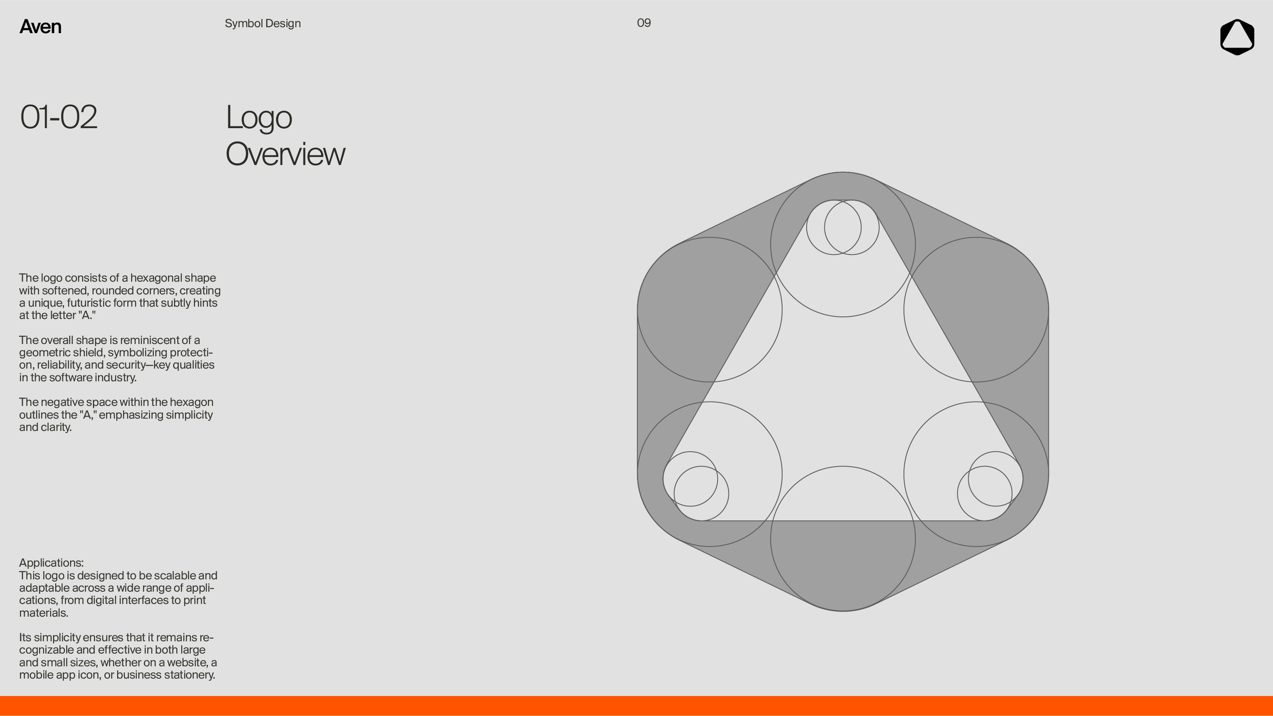 Grafische Darstellung eines hexagonalen Logos mit abgerundeten Ecken und konzentrischen Kreisen, die ein futuristisches Design andeuten. Text auf der linken Seite beschreibt die Gestaltung und Anwendungsmöglichkeiten des Logos.