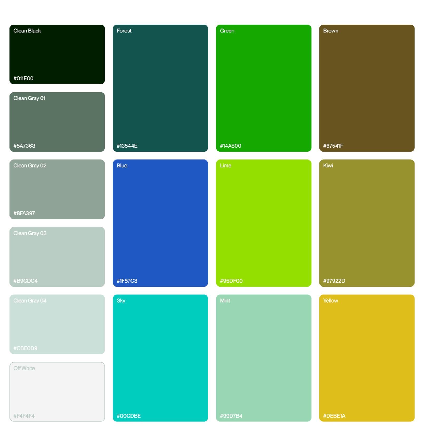 Eine Farbpalette mit Labels und Farbwerten, die verschiedene Farben wie Schwarz, Grau, Blau, Grün, Braun, Gelb und Off-White zeigt.