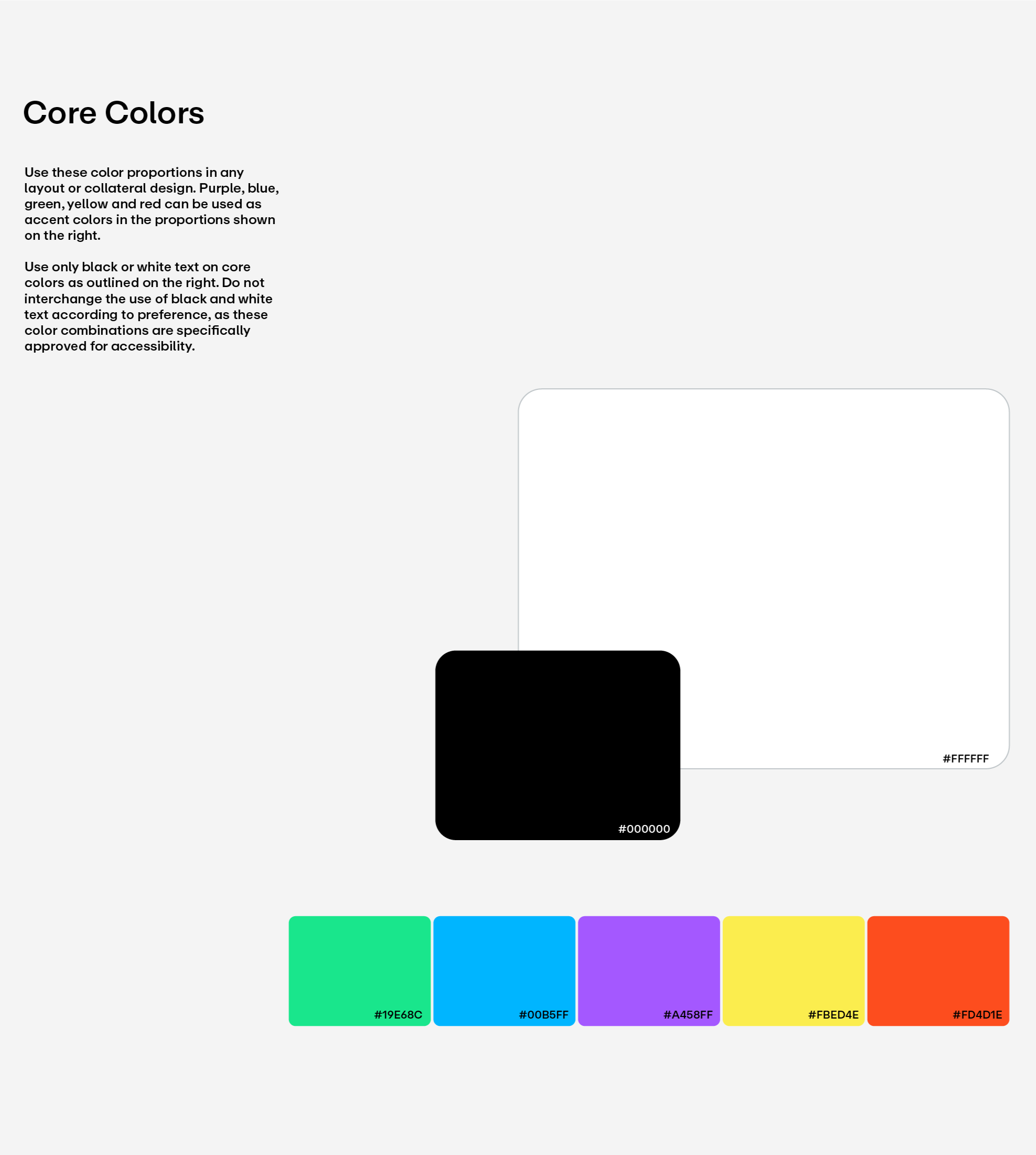 Eine Farbpalette mit sechs Farben, die von links nach rechts angezeigt werden: #19E68C grün, #00B5FF blau, #A458FF lila, #FBED4E gelb, #FBD4E rot-orange, sowie eine Reihe von Farbquadraten am unteren Bildrand mit den gleichen Farben