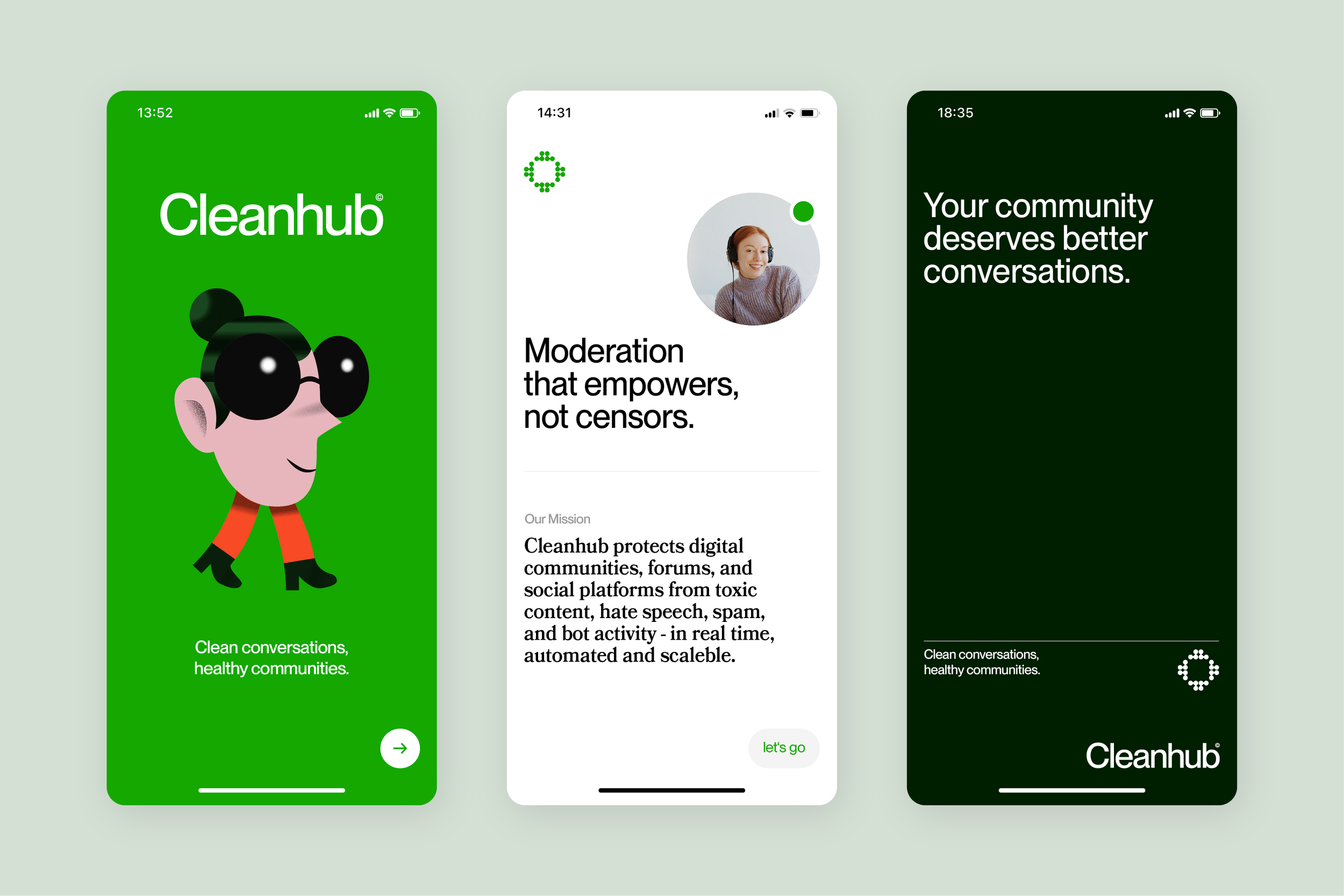 Drei Smartphone-Bildschirme mit der App Cleanhub, die auf den Schutz digitaler Gemeinschaften und den Kampf gegen toxische Inhalte und Hassrede ausgerichtet ist. Die Screens zeigen Begrüßungen, Missionen und Motivationssprüche für die Gemeinschaft.