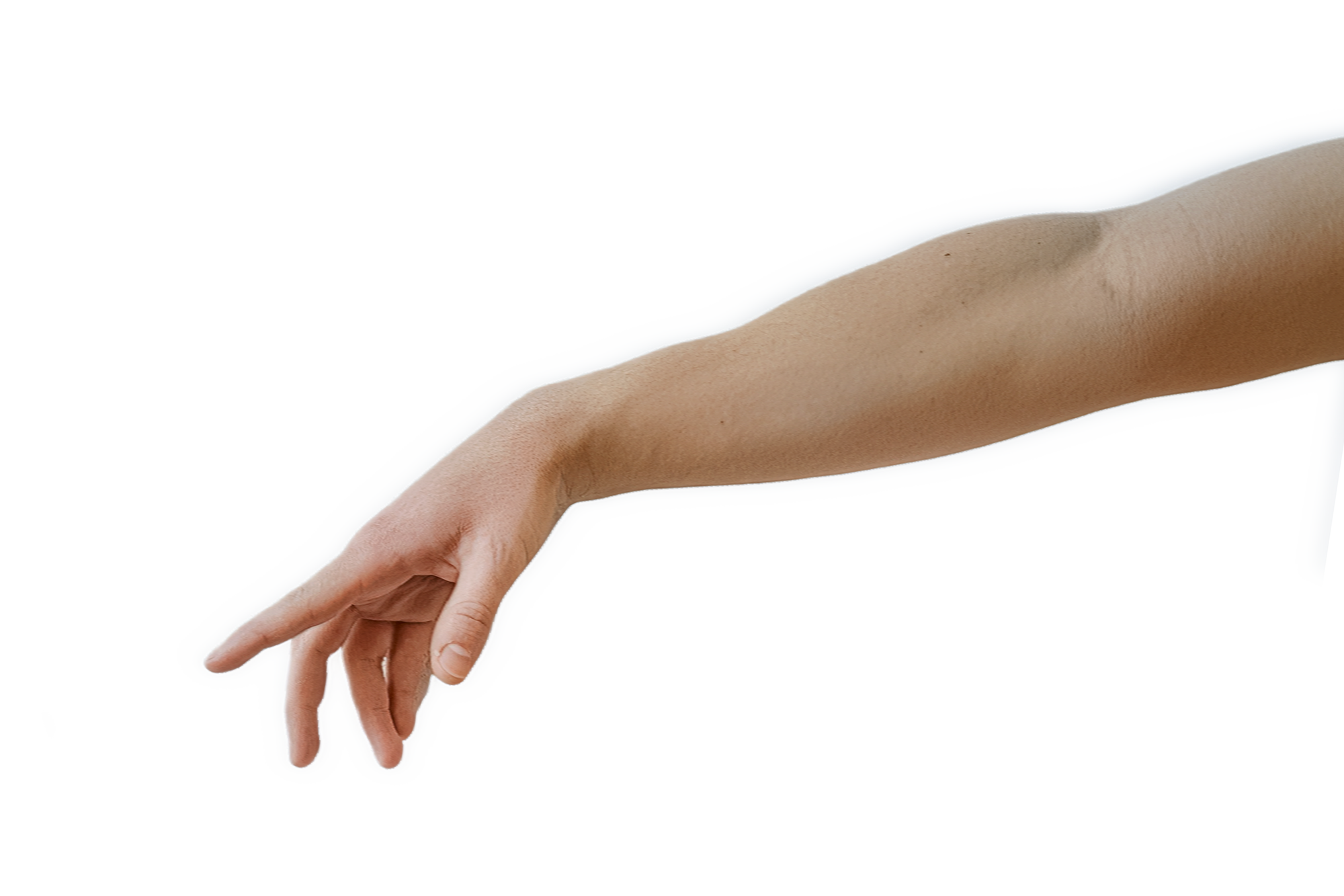 Nahaufnahme einer menschlichen Hand und eines Armes, die nach unten zeigen, auf weißem Hintergrund.