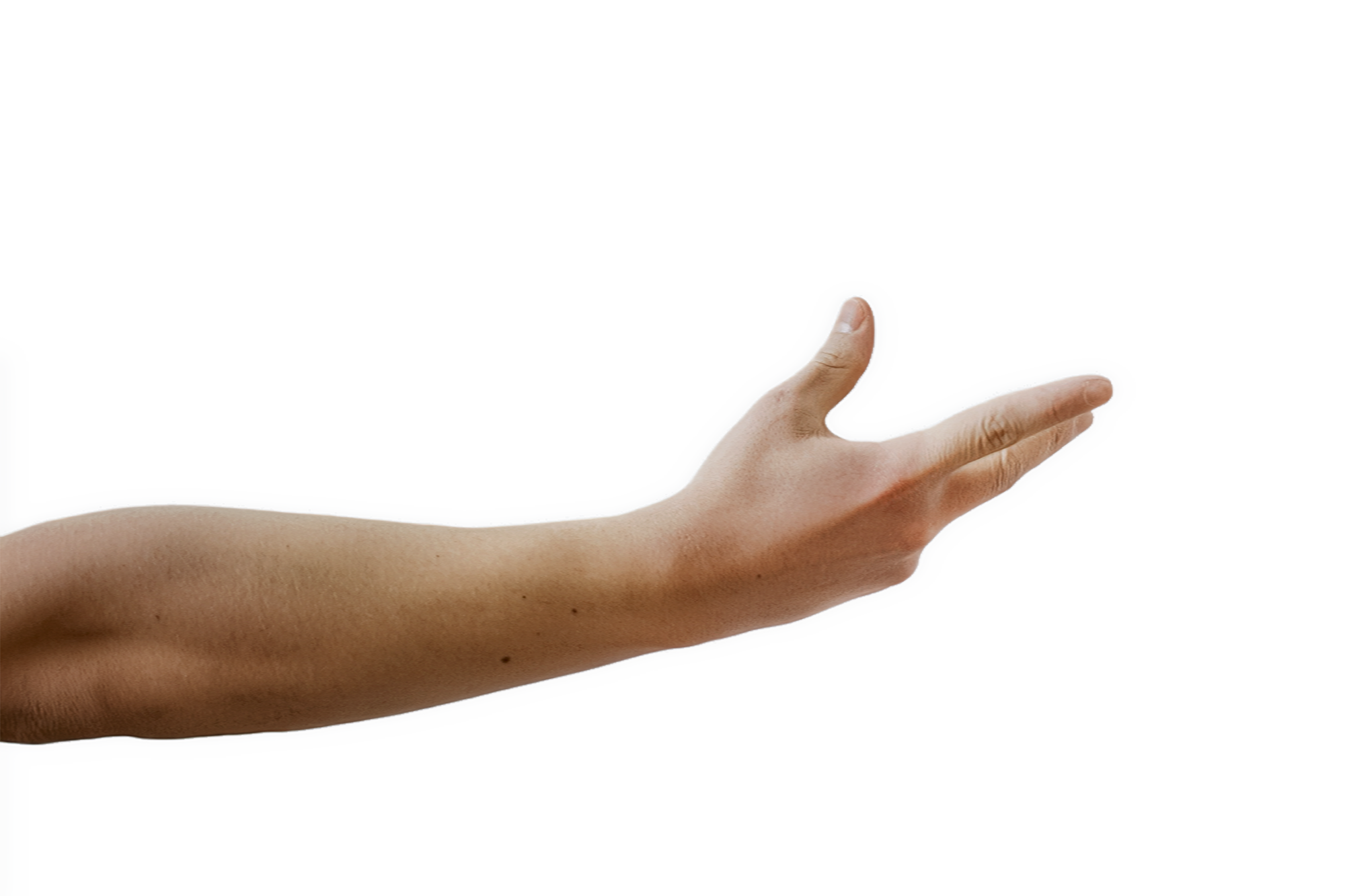 Eine menschliche Hand ist ausgestreckt und zeigt nach oben, vor einem weißen Hintergrund.