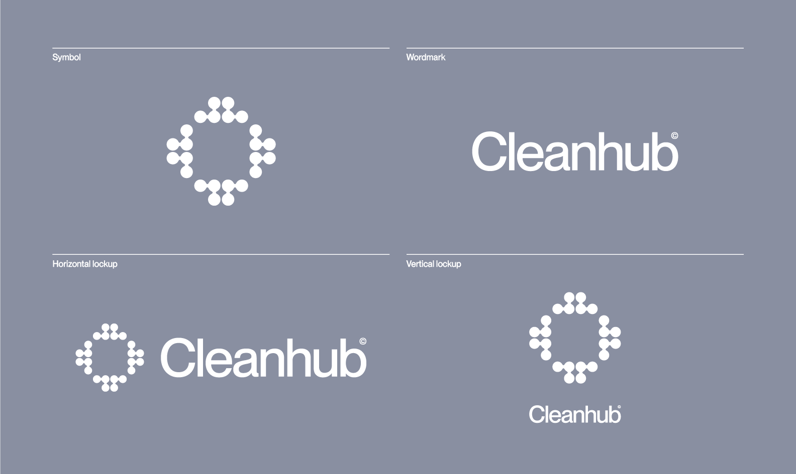 Verschiedene Versionen des Cleanhub-Logos, bestehend aus einem Kreis aus weißen Punkten und dem Wort 'Cleanhub', auf grauem Hintergrund.