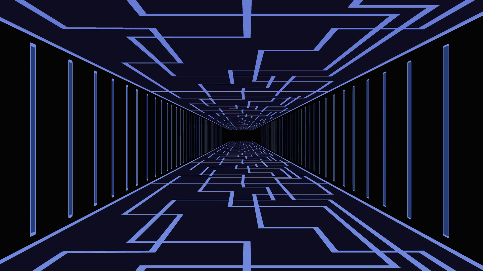 A digital 3D rendering of a futuristic tunnel with glowing blue lines creating a maze-like pattern on the walls, ceiling, and floor, converging towards a vanishing point in the distance.