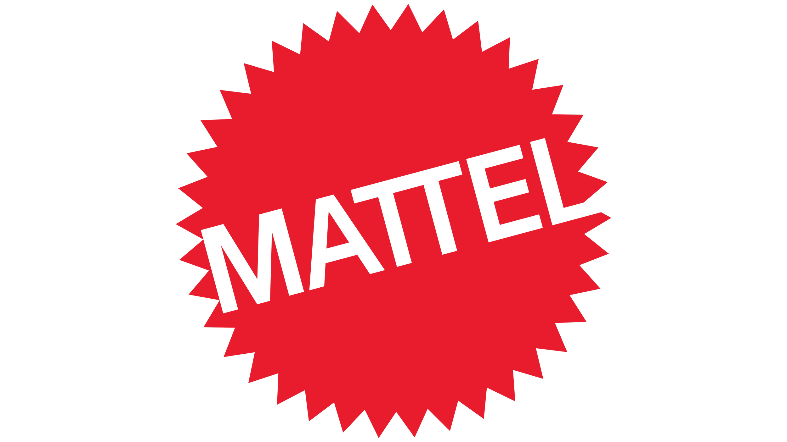 Mattel logo in black text inside a red spiky starburst shape.