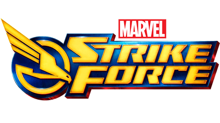 Marvel Strike Force logo in yellow and blue with red Marvel banner