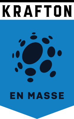 A blue shield-shaped badge with black abstract shapes and the words 'EN MASSE' at the bottom.