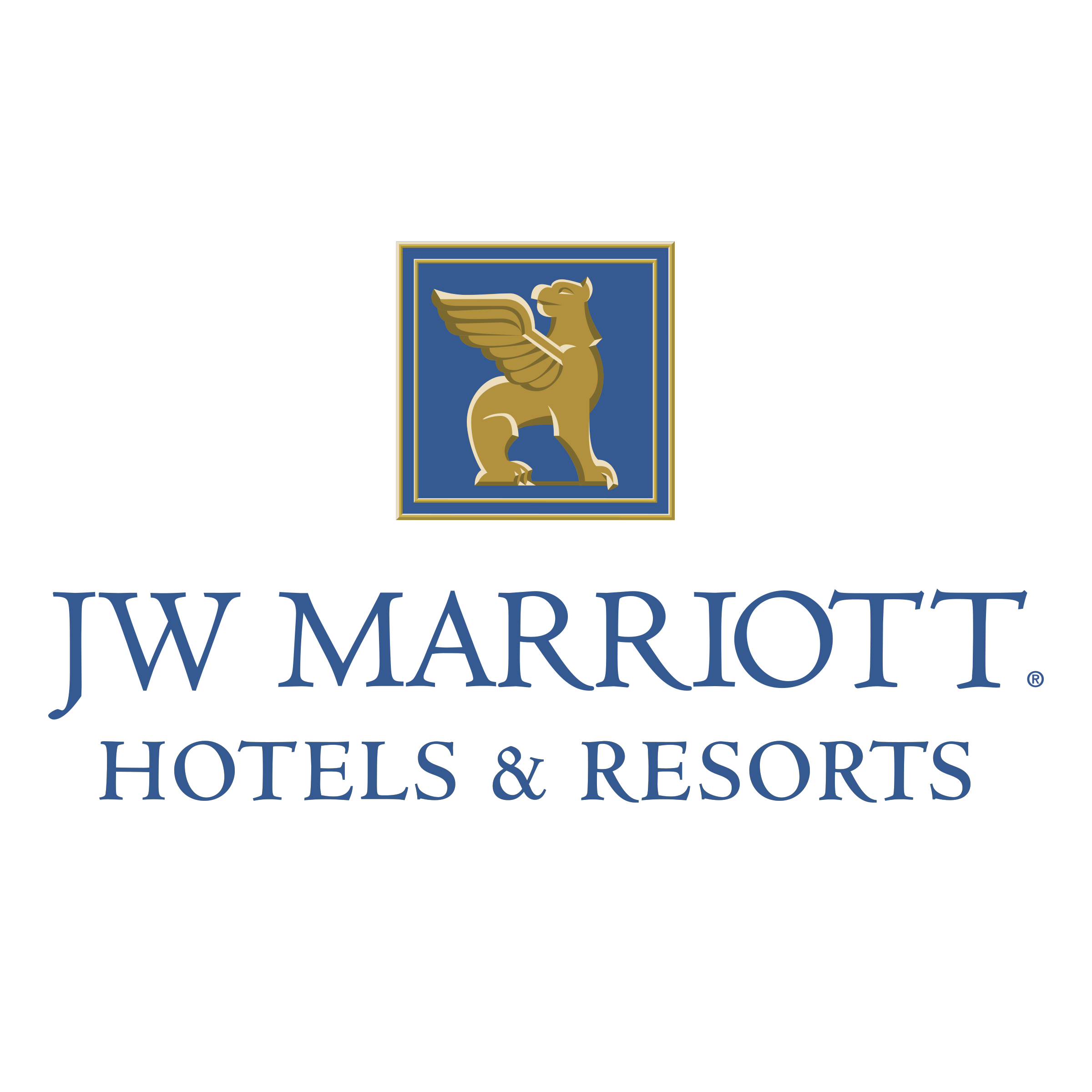 JW Marriott Hotels & Resorts logo featuring a blue and gold winged lion emblem above the name in blue text on a black background.