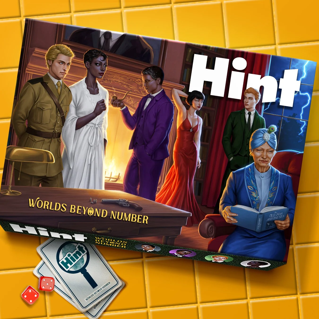 Image of a game box over yellow tile with a tableau of 6 people, each in all one color of attire, in front of a large roaring fireplace and "Hint" in white and "Worlds Beyond Number in yellow" on the box. Under the box are a few cards and dice.