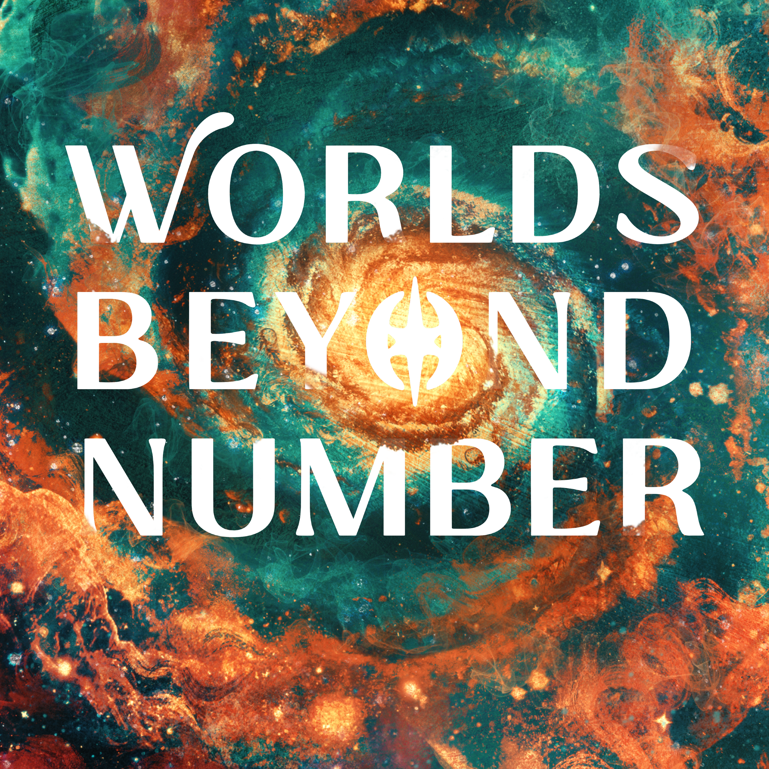 Illustration of an orange galaxy over a teal and royal blue starry backdrop. Over it, in white, is the title Worlds Beyond Number with a star in the O of "Beyond."