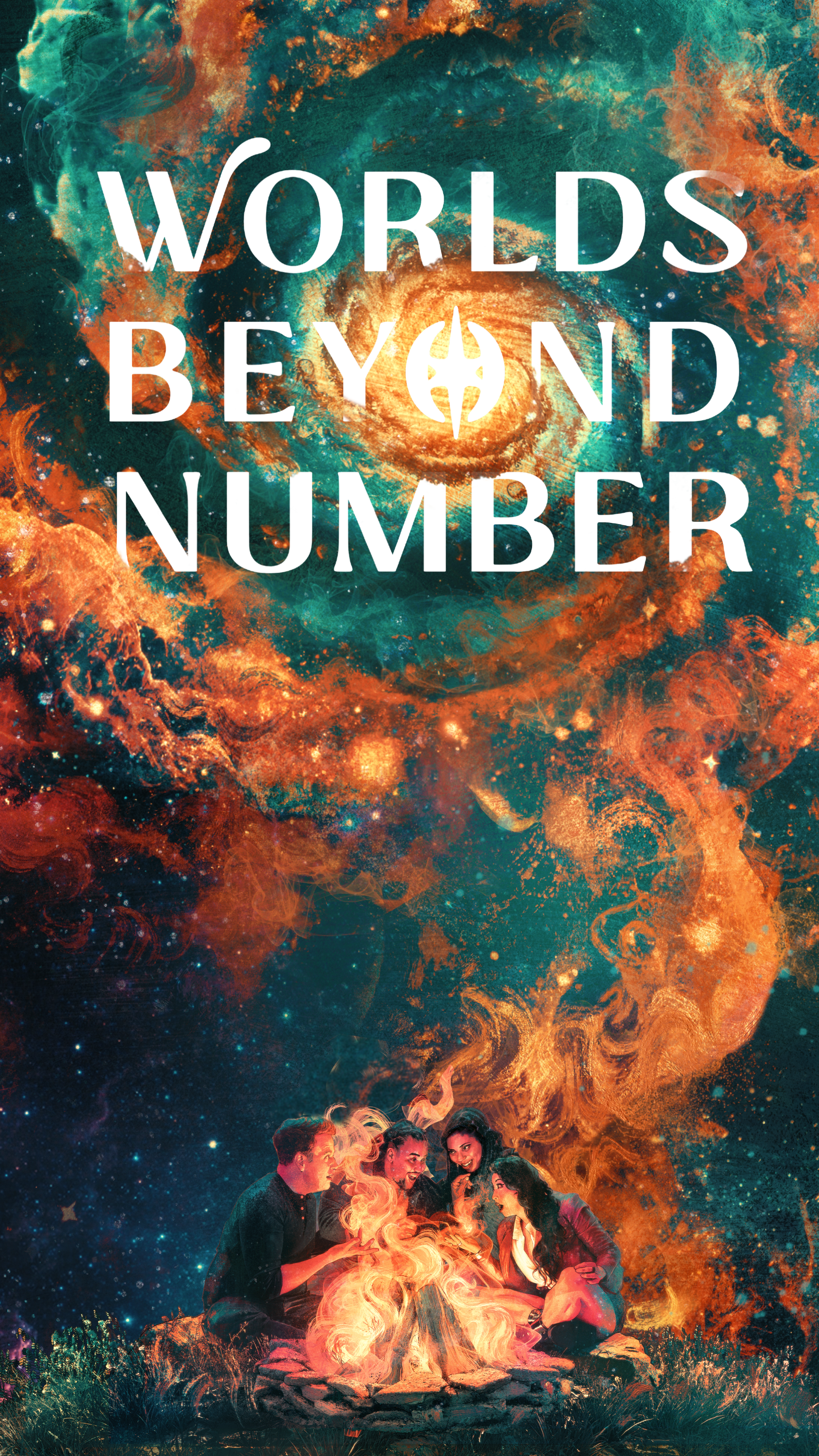 Illustration of 4 friends gathering around a large campfire telling stories. The orange fire of the campfire connects with the orange galaxy over a teal and royal blue starry backdrop. At the top, in white, is the title Worlds Beyond Number.