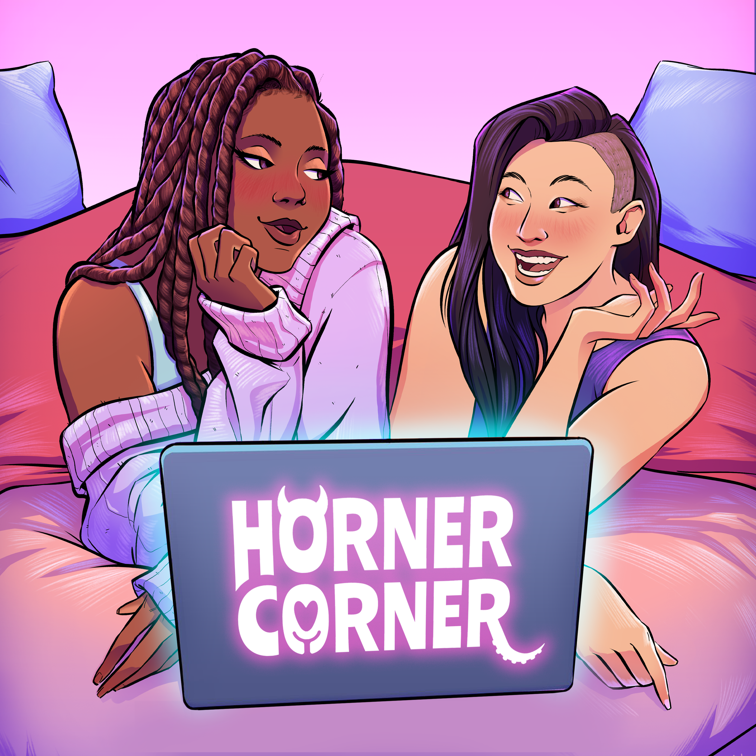 Cartoon-style illustration of Aabria and Erika lying on a bed on their stomachs looking at each other with a laptop in front of them that has "Horner Corner" in glowing pink on the lid.