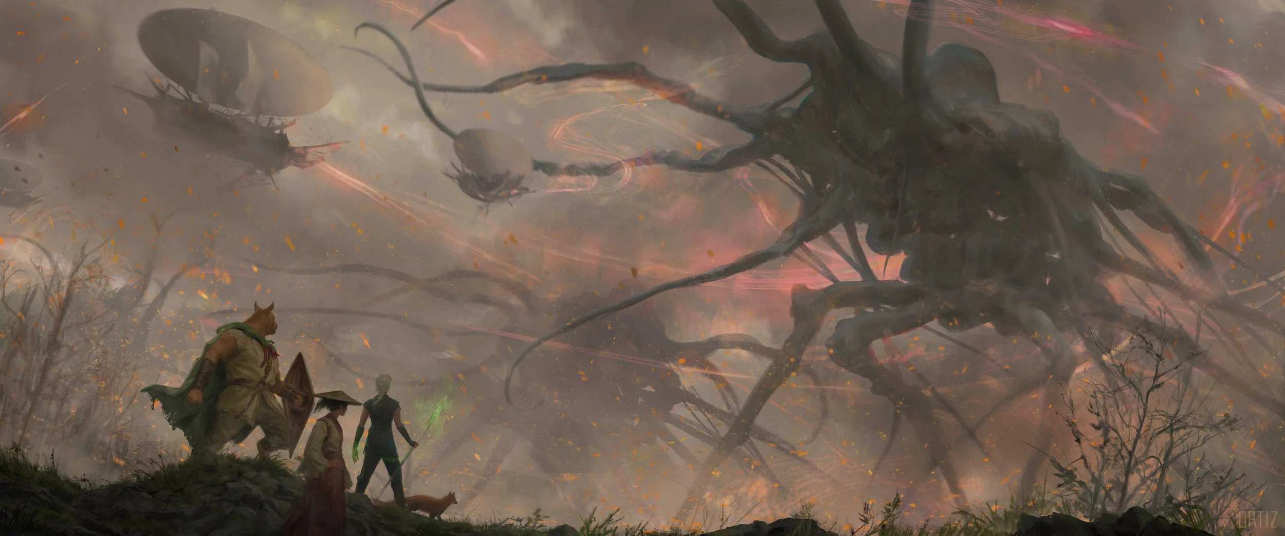 Three people (one a bear-man) look up at a giant many-legged beast that looks like a mix between a squid and a spider. All in front of a grey sky streaked in red fire.