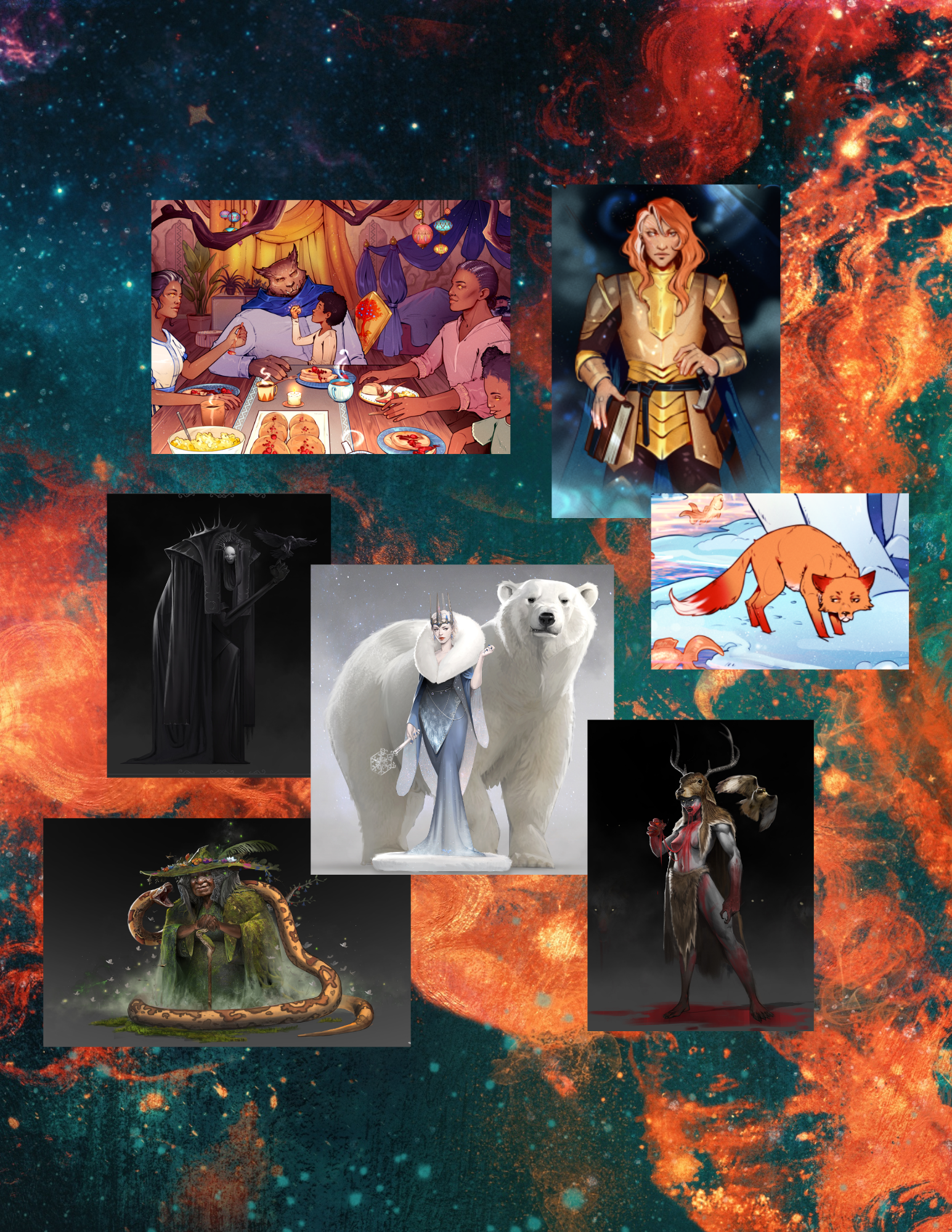 A compilation of characters over a blue and orange galaxy background. Characters include an orange fox, a woman clad in gold armor, a pale woman in blue in front of a polar bear, 3 women in dark attire, and a family around a colorful dining table.