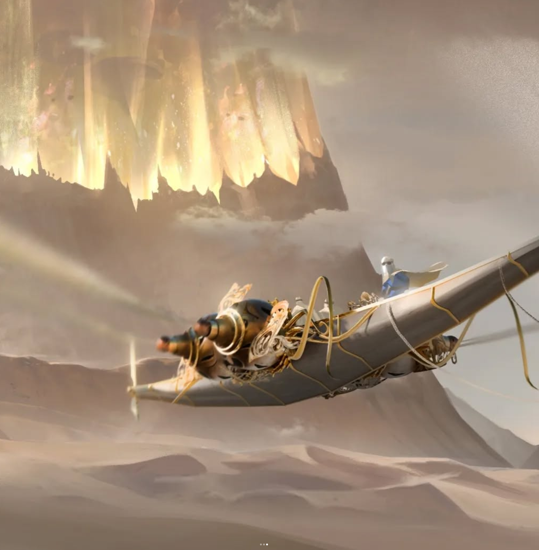 A small silver flying plane with a person in blue over it, in front of grey dunes of sand and an elevated city that shines in gold.