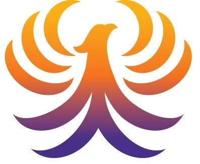 Stylized phoenix with outstretched wings in orange, yellow, and purple gradient.