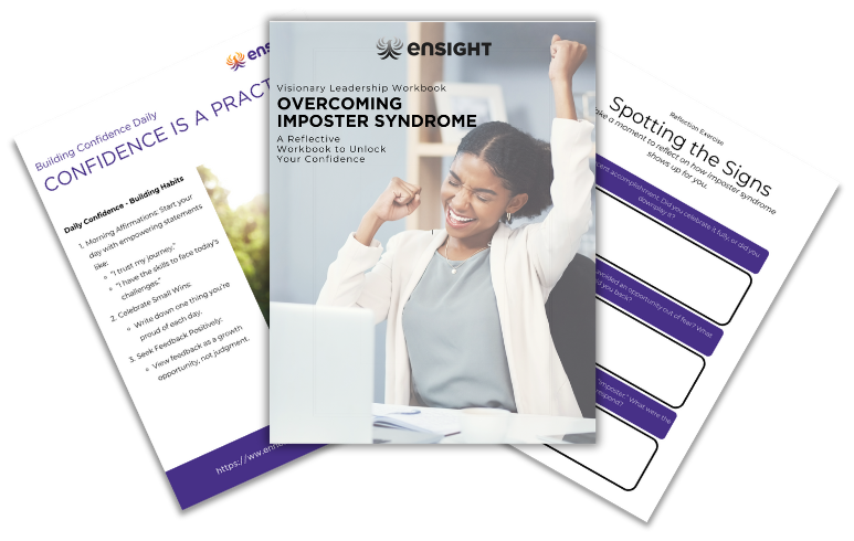 A woman celebrating with a fist pump in front of a laptop, on the cover of a workbook titled 'Overcoming Imposter Syndrome' by Insight, with pages about confidence and spotting signs of impostor syndrome.