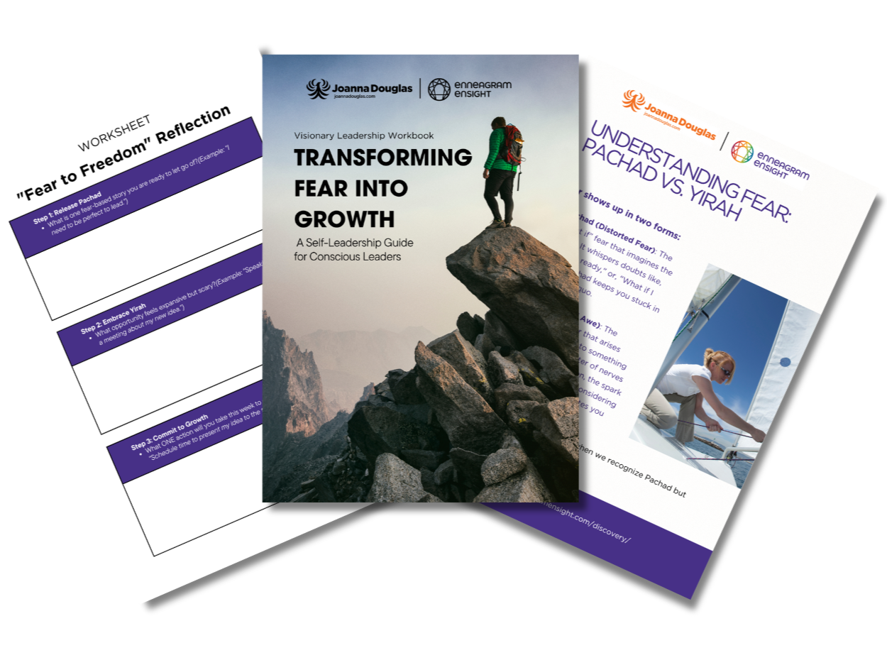 Brochure titled 'Transforming Fear into Growth' featuring a person standing on a mountain peak, with additional pages showing worksheet and informational content about understanding and overcoming fear.