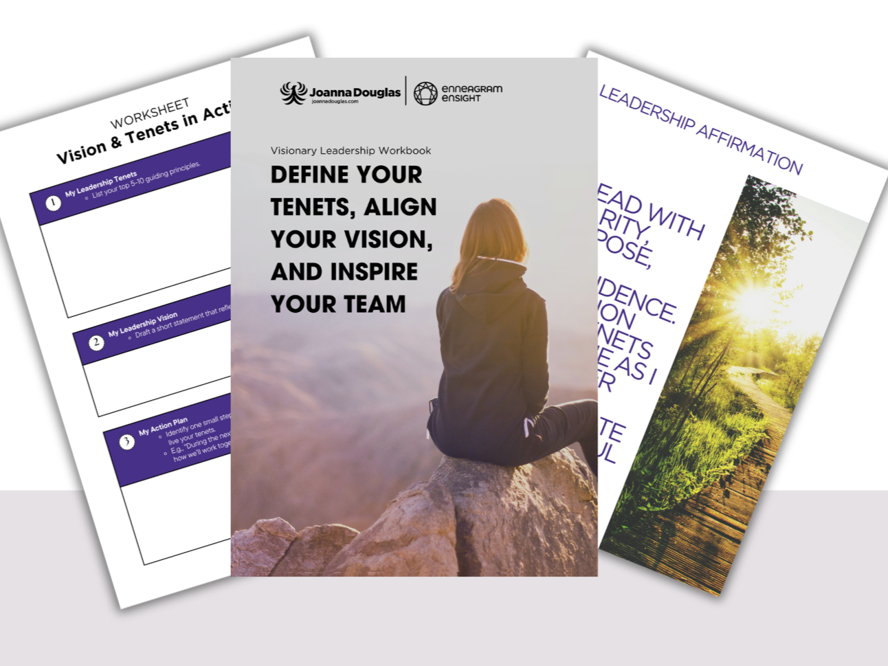 Three overlapping leadership worksheets with titles related to vision, tenets, and affirmation, featuring nature scenes and a woman sitting on a rock