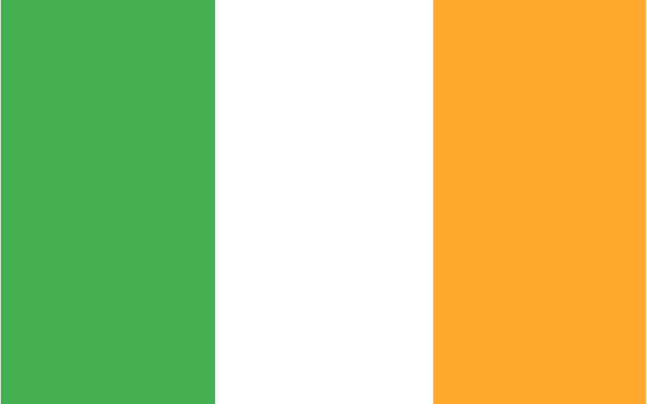 The flag of Ireland with three vertical stripes of green, white, and orange.