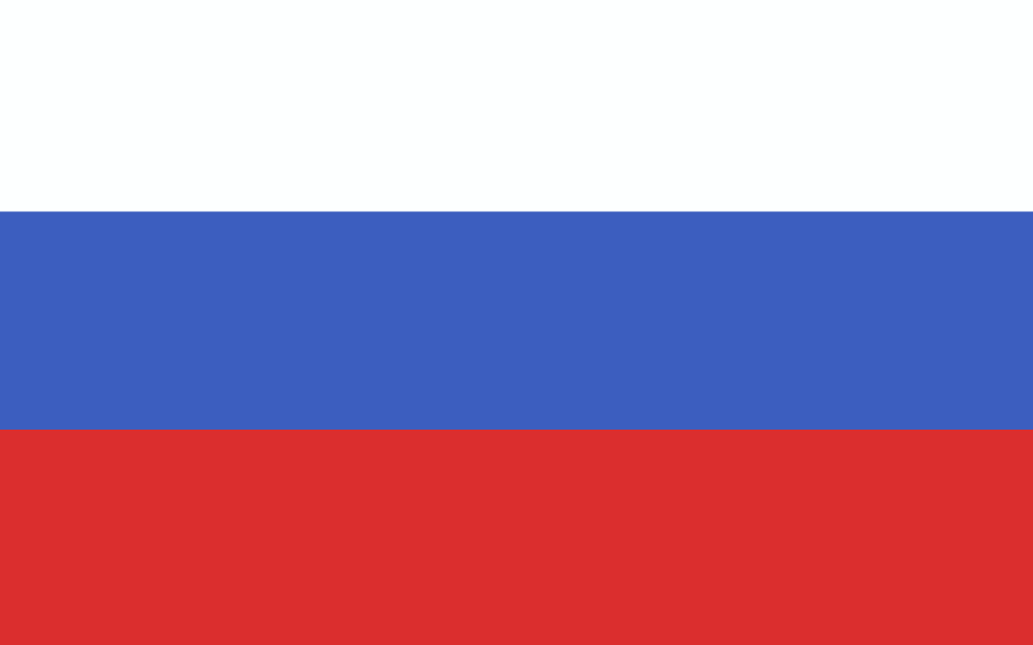Image of the Russian flag with three horizontal stripes: white on top, blue in the middle, and red on the bottom.