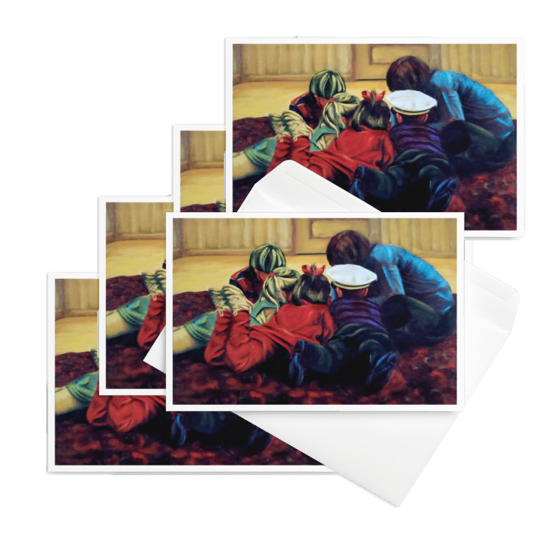 “The Lesson” 1994 oil by Beverly G. McCarter – children leaning toward teacher from behind, curiosity and discovery, set of 5 Fine Art Note Cards.