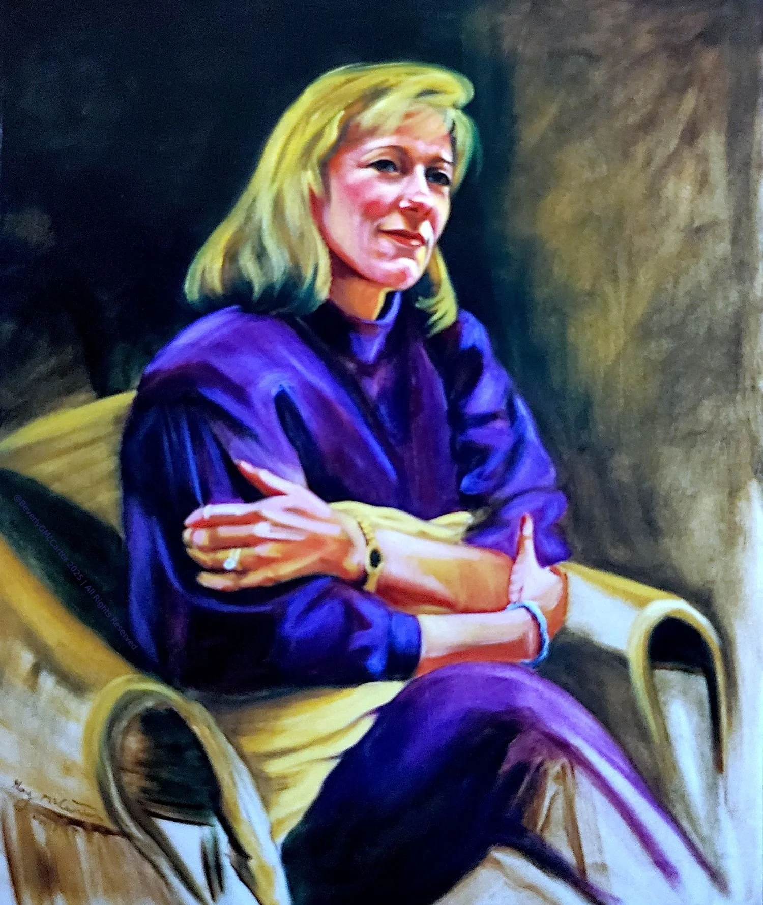 Uncertain oil painting by Beverly G. McCarter, woman hugging cushion in chair, depicting emotional crossroads, 30x40 inches on canvas.