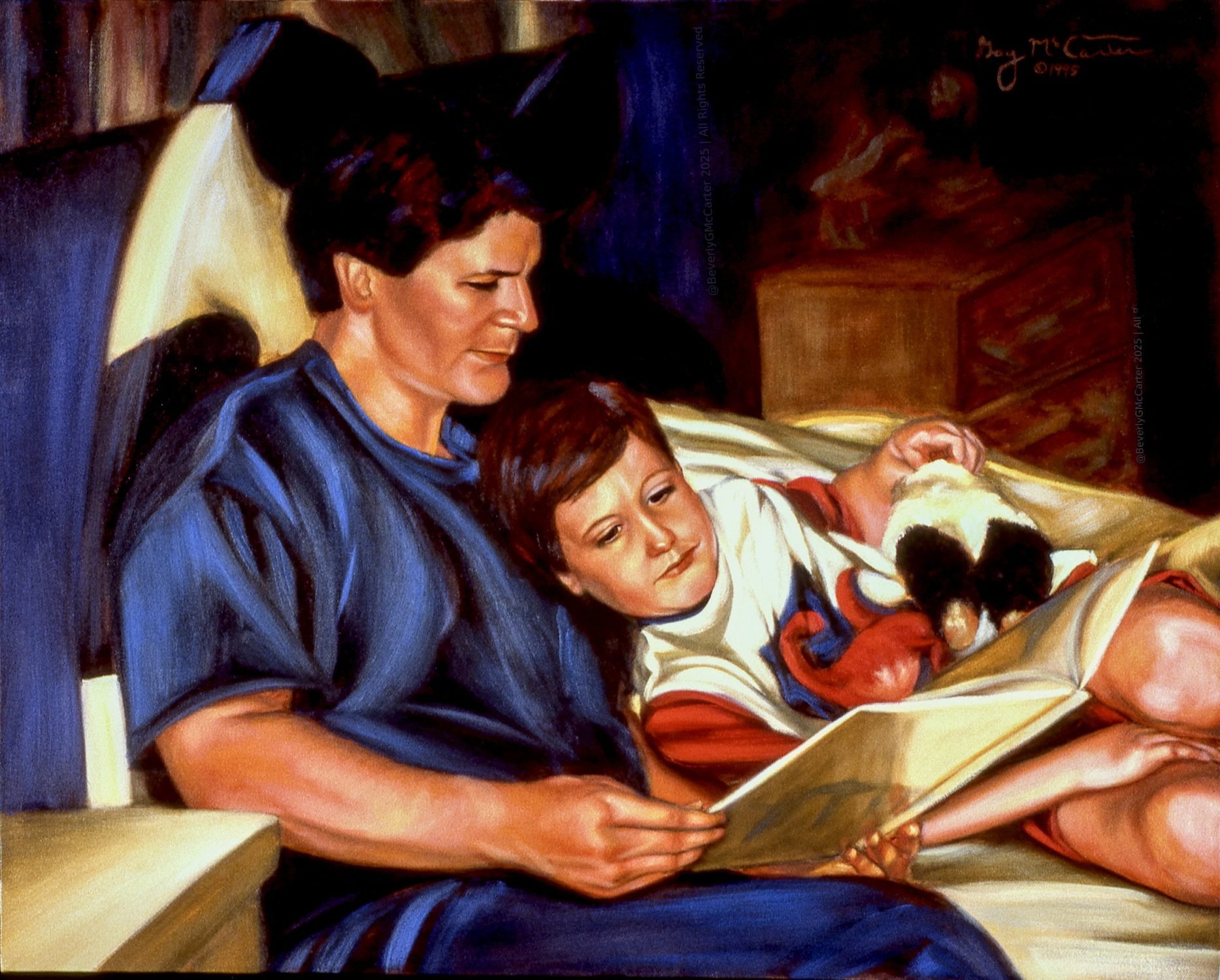 "Story Time" oil painting by Beverly G. McCarter, father reading to son in bed, capturing familial bonds, 40x30 inches on canvas.