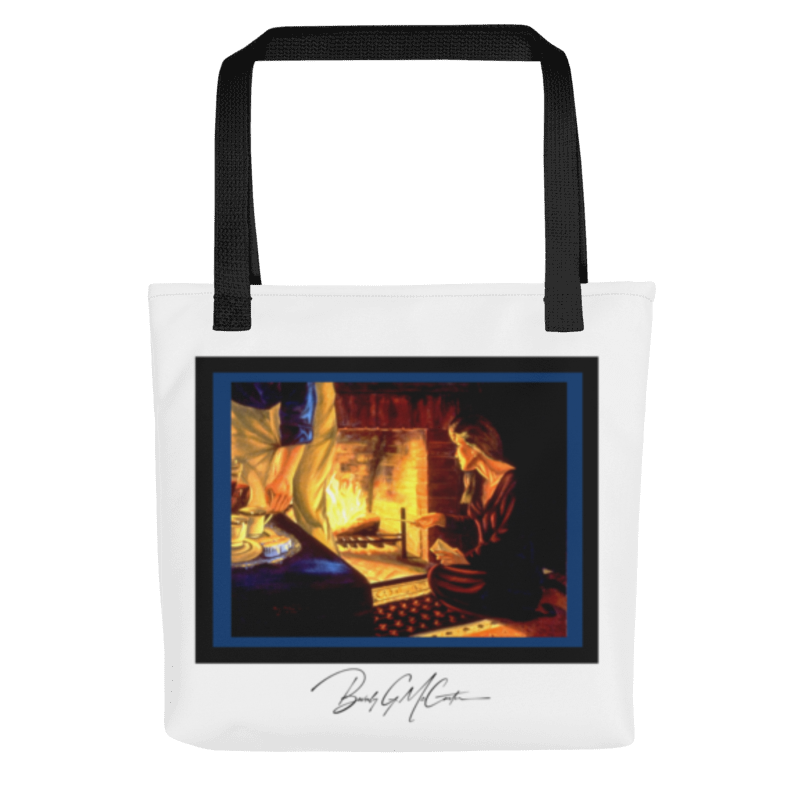 Polyester tote bag with The Letters oil print by Beverly G. McCarter, intimate ritual of release in firelight.