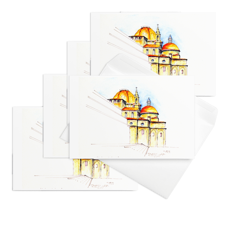 “Basilica di San Lorenzo” 1994 watercolor by Beverly G. McCarter – Florence's domes and facades weaving art and history in light, set of 5 Fine Art Note Cards.
