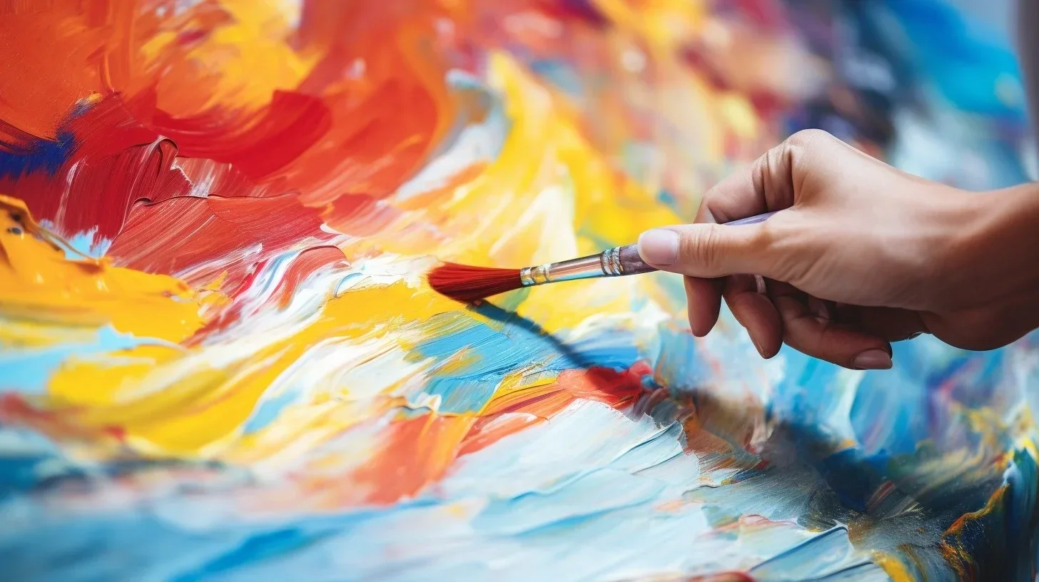 Artist hand painting vibrant expressive colors on canvas, close-up of brush blending paint – symbolizing art as bridge between inner emotion and outer creative expression.