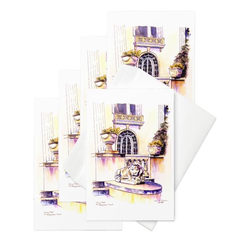“Chevy Chase House” 1995 watercolor by Beverly G. McCarter – stone arches and guardian lion evoking timeless grace, set of 5 Fine Art Note Cards.