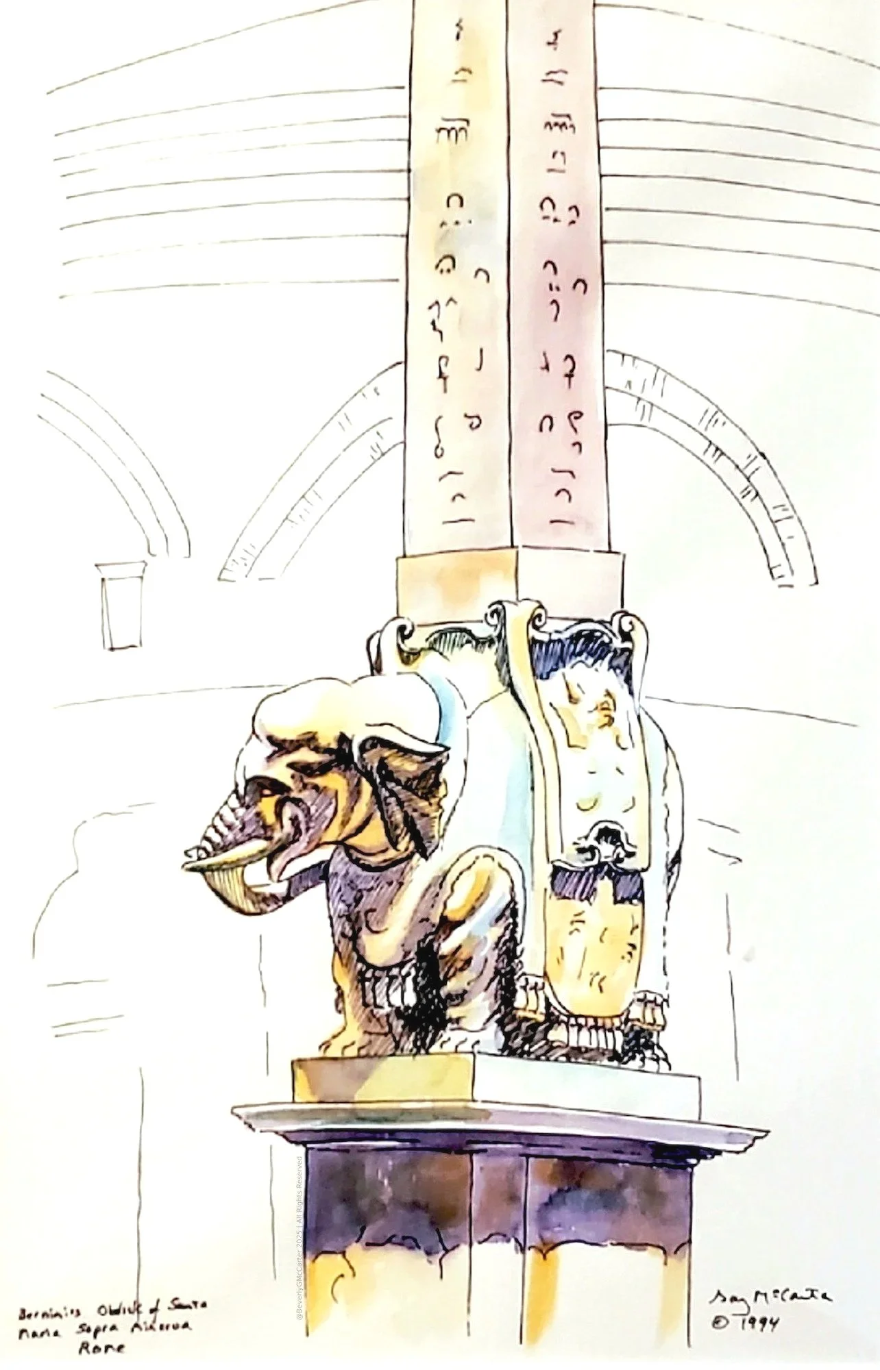 Bernini’s Elephant watercolor sketch by Beverly G. McCarter, depicting resilient elephant statue in Rome's Pantheon parking lot, fusing psychology and stone, 1994, 14x11 inches.