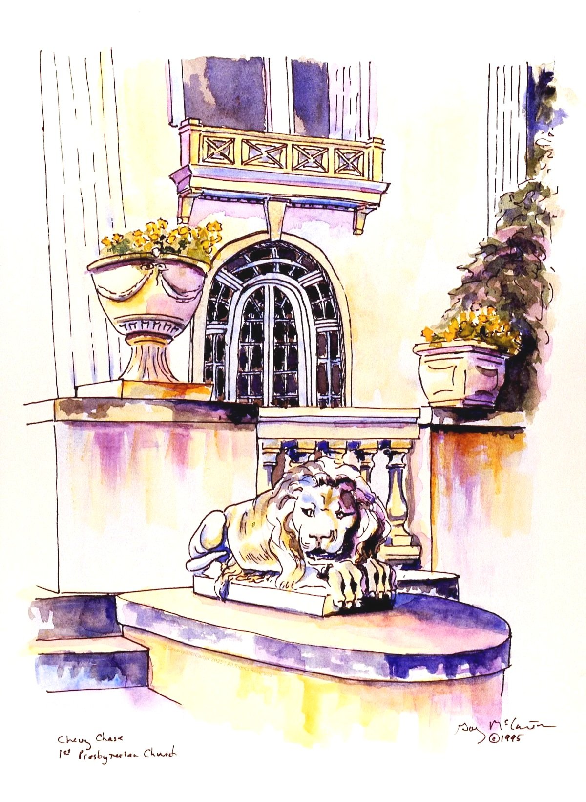 Chevy Chase House watercolor by Beverly G. McCarter, serene First Presbyterian Church hall with stone lion in Jackson TN, 1995, 14x11 inches.