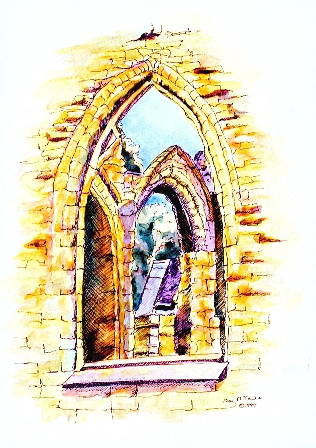 Tintern Abbey watercolor sketch by Beverly G. McCarter, interplay of nature and ruins evoking human connections to the past, 1994, 14x11 inches.