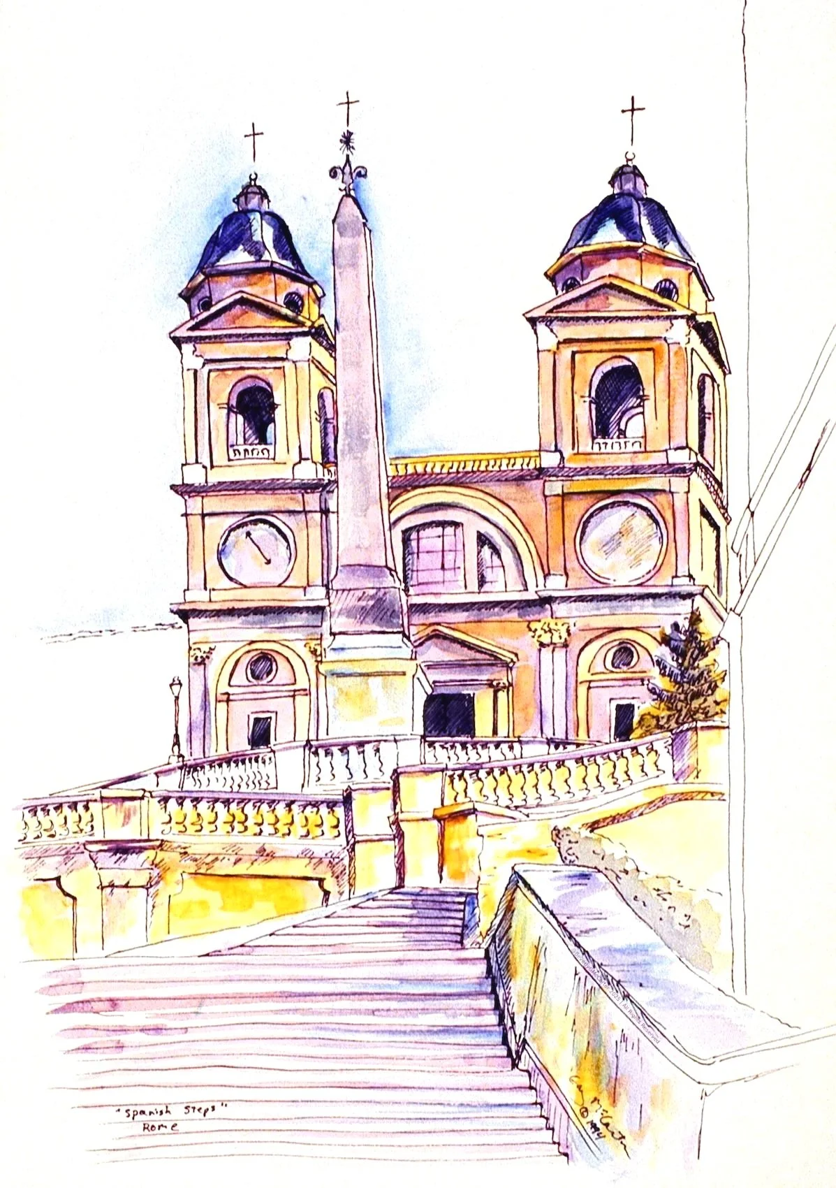 Spanish Steps watercolor sketch by Beverly G. McCarter, illustrating Rome's Baroque staircase to Trinità dei Monti with obelisk and balustrades, 1994, 14x11 inches.