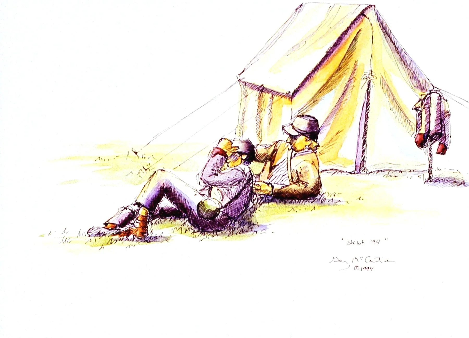 Battle of Shiloh Re-enactment watercolor sketch by Beverly G. McCarter, showing young Civil War re-enactors resting by tent at Shiloh Park TN, 1995, 11x14 inches.
