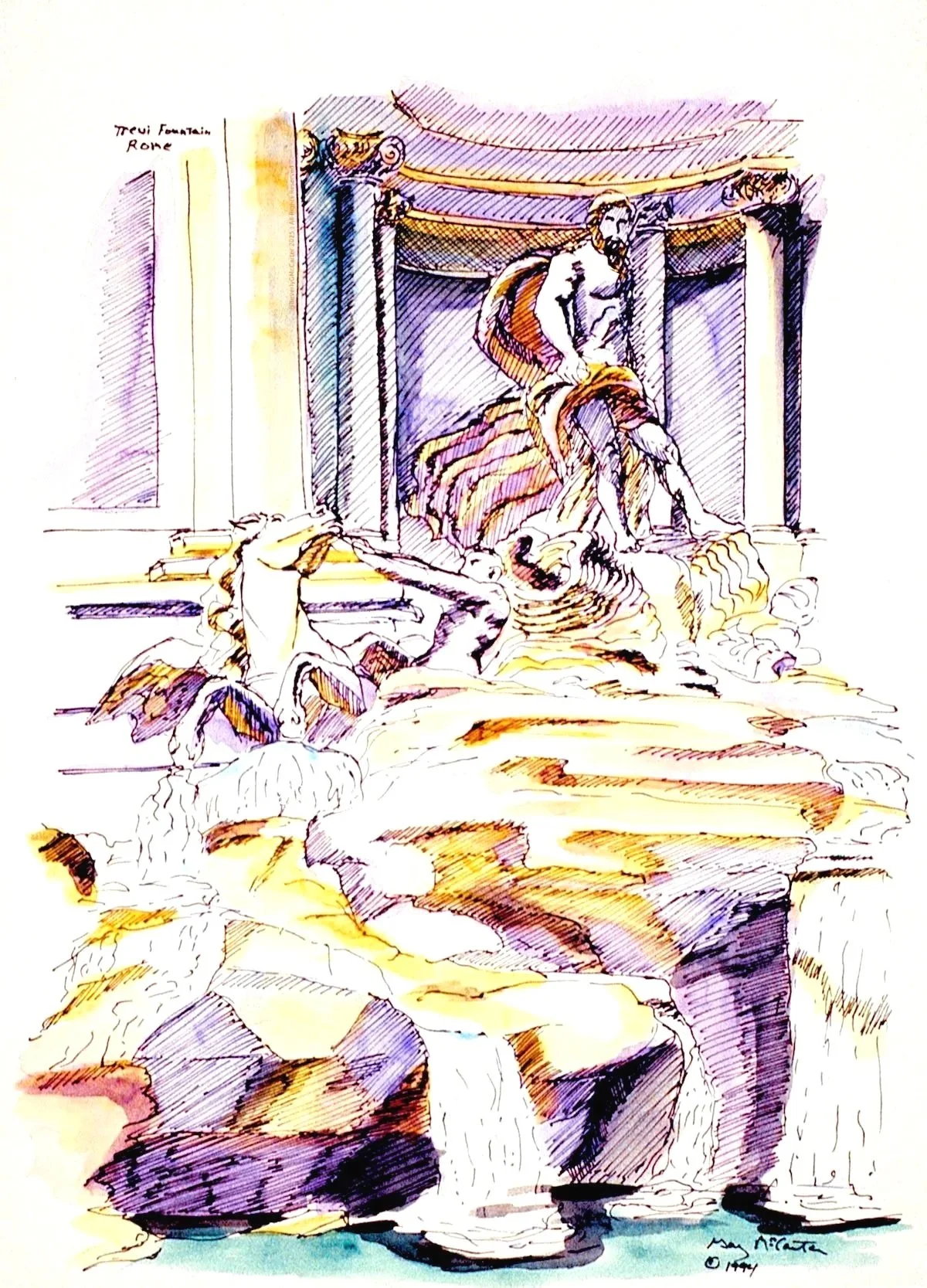 Trevi Fountain watercolor sketch by Beverly G. McCarter, capturing Baroque landmark with Oceanus statue, sea horses, and cascading waters, 1994, 14x11 inches.