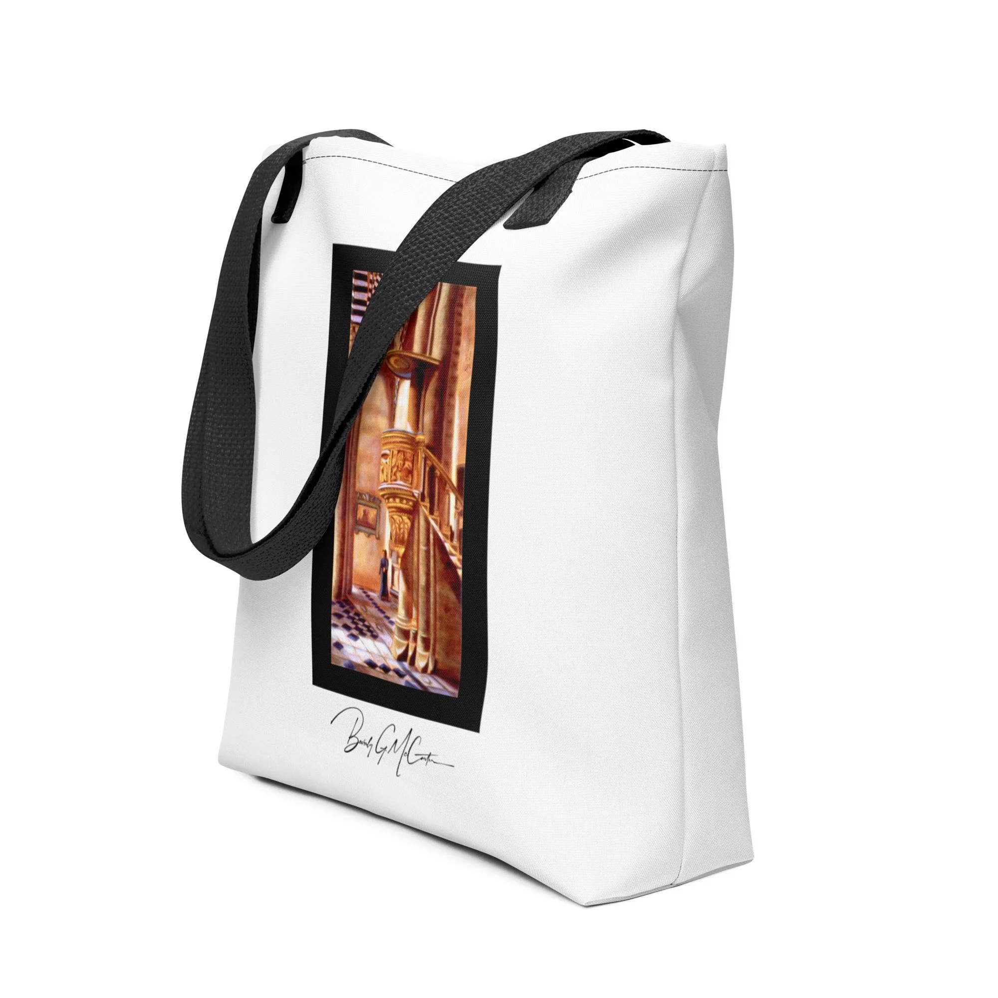 Polyester tote bag with The Ambo oil print by Beverly G. McCarter, ornate pulpit in golden light evoking spiritual transition.