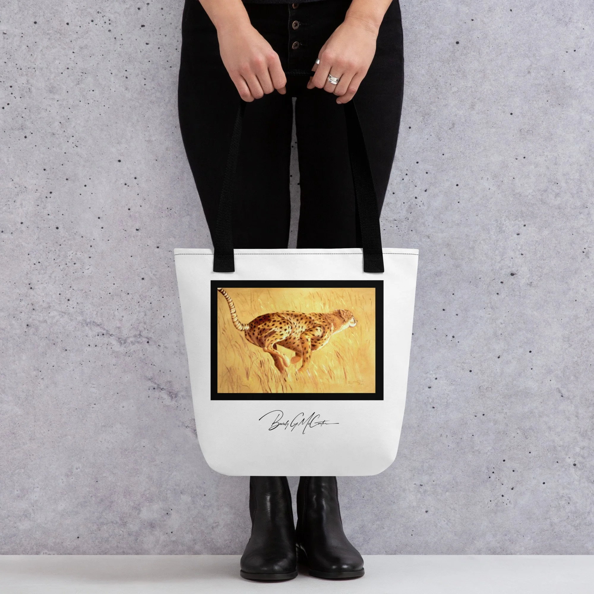 Polyester tote bag with Need for Speed oil print by Beverly G. McCarter, dynamic cheetah in golden grass evoking survival energy.