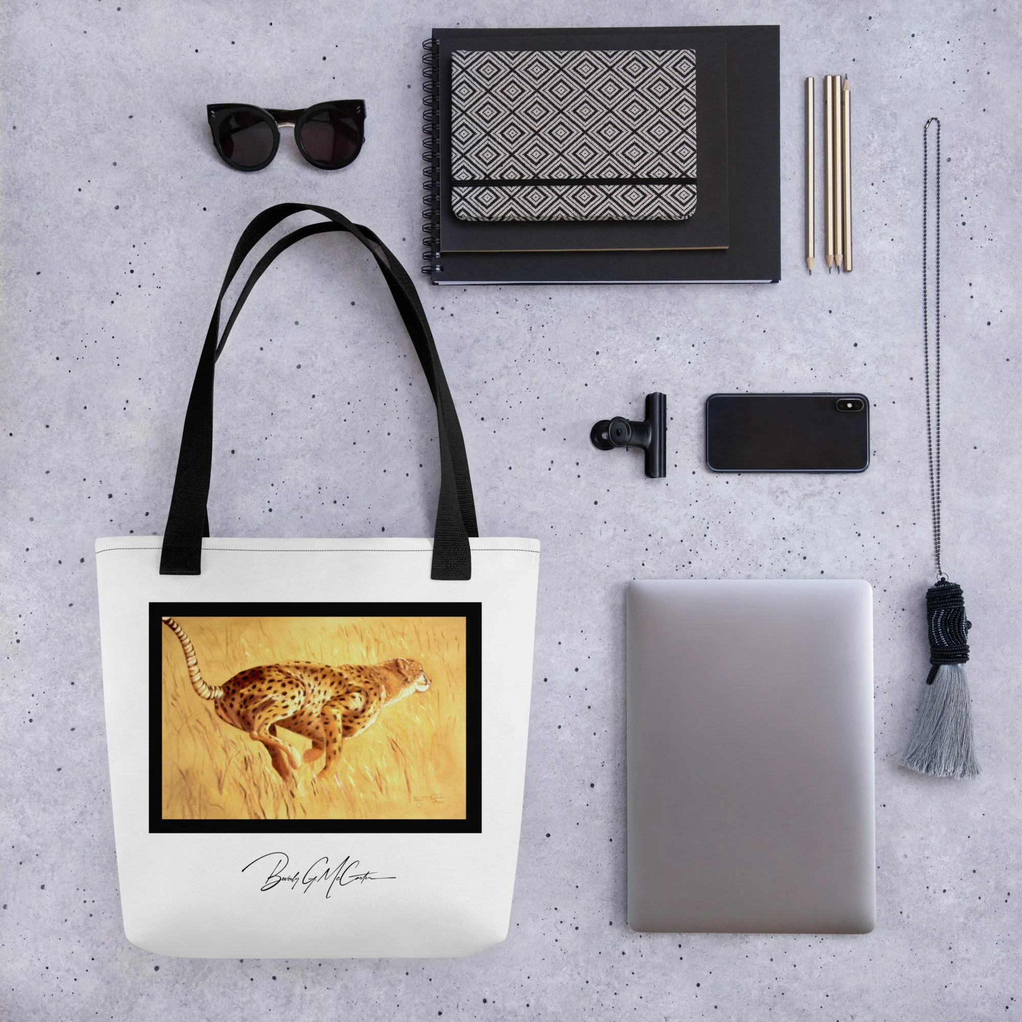 Polyester tote bag with Need for Speed oil print by Beverly G. McCarter, dynamic cheetah in golden grass evoking survival energy.