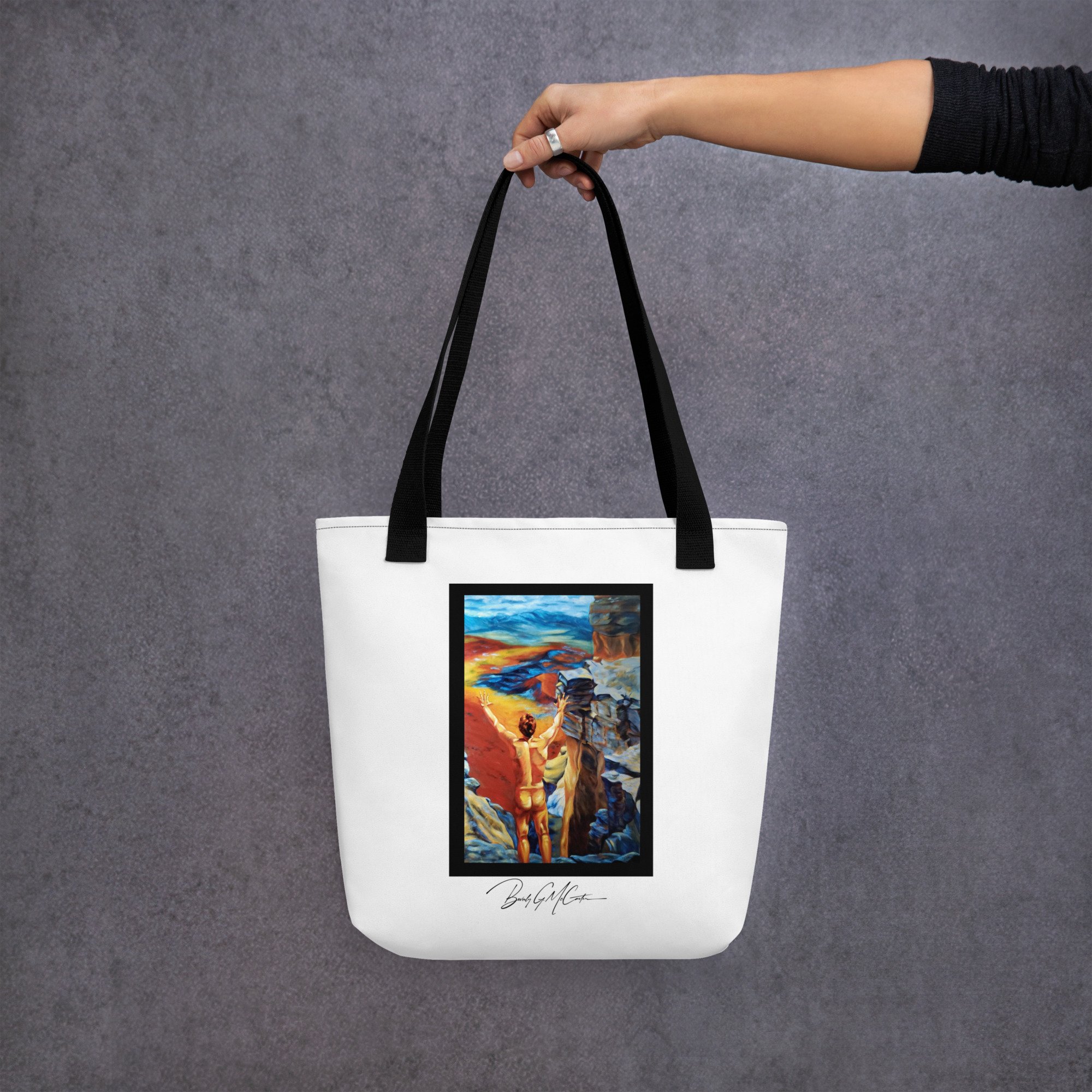 Polyester tote bag with Assertion of Self oil print by Beverly G. McCarter, John Galt figure on a rocky mount evoking self-discovery.