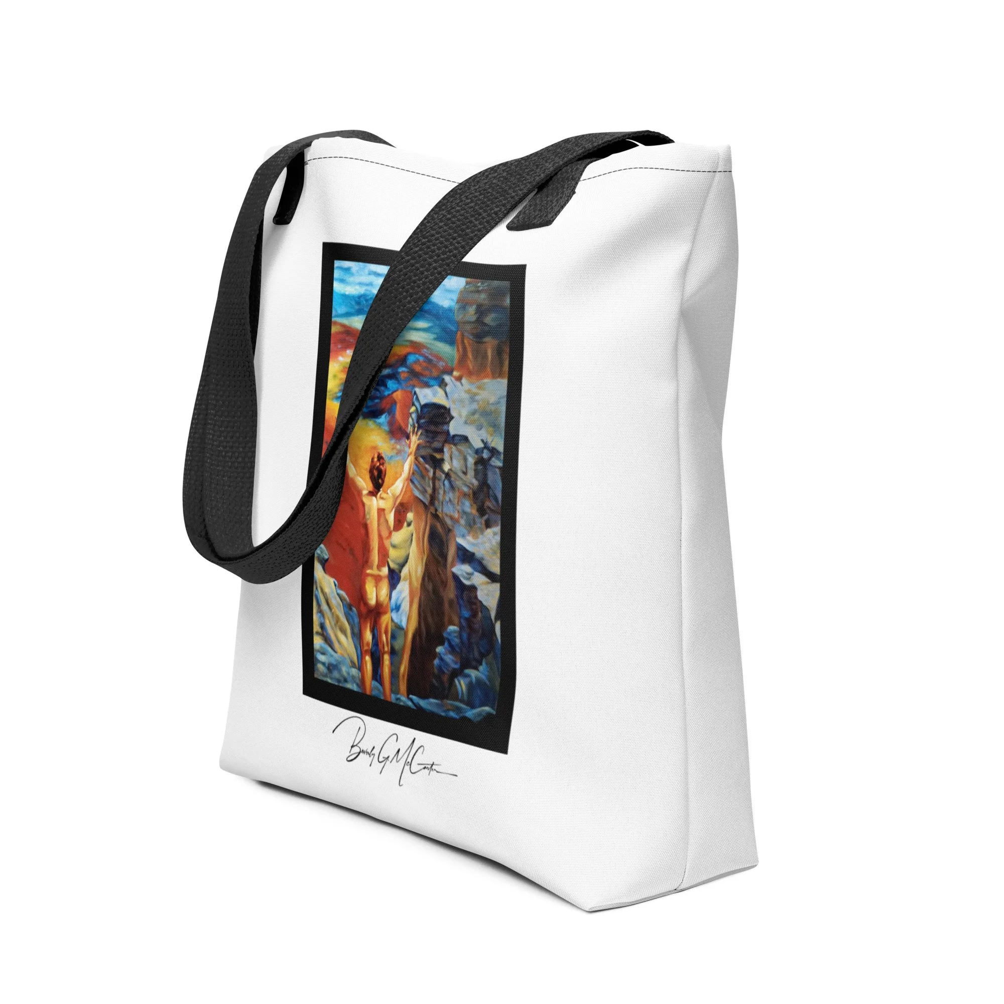 Polyester tote bag with Assertion of Self oil print by Beverly G. McCarter, John Galt figure on a rocky mount evoking self-discovery.