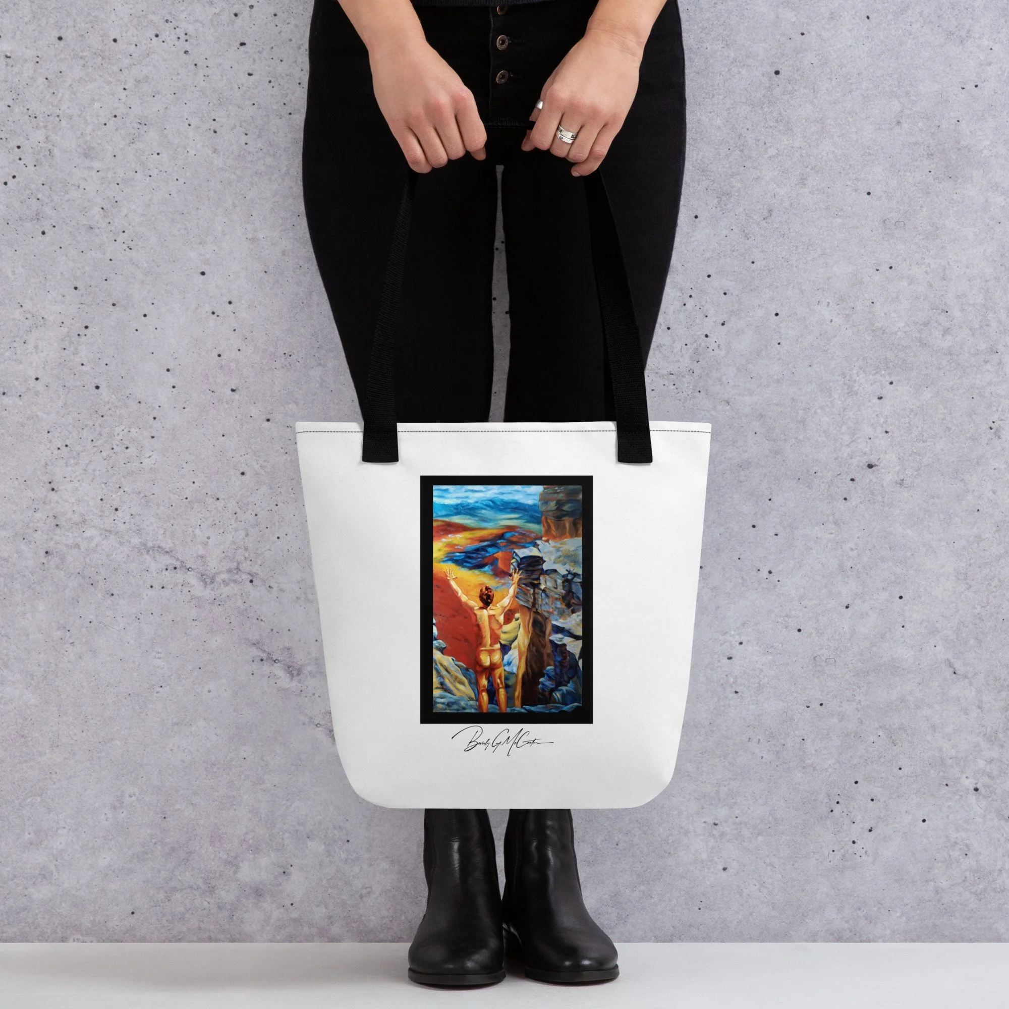 Polyester tote bag with Assertion of Self oil print by Beverly G. McCarter, John Galt figure on a rocky mount evoking self-discovery.