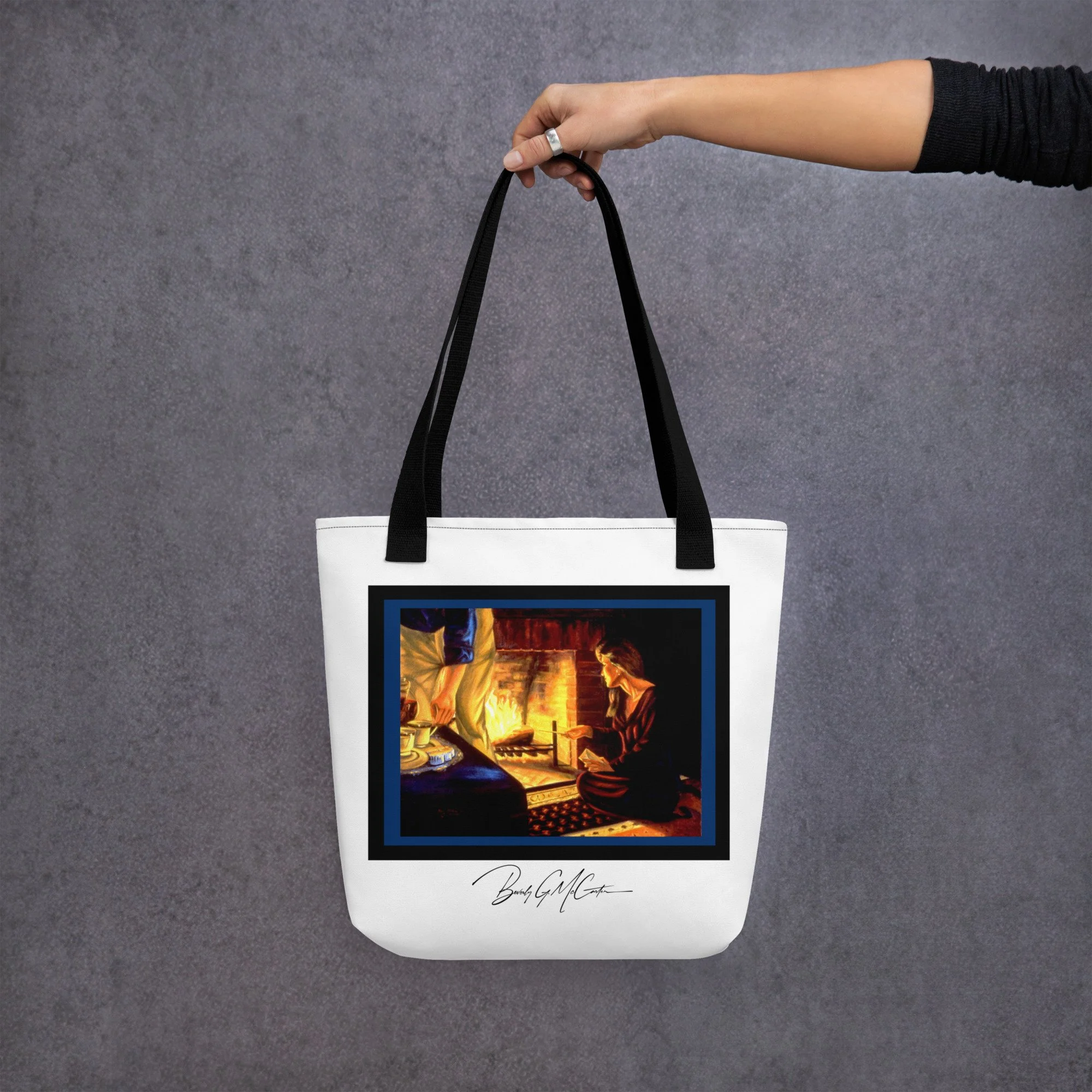 Polyester tote bag with The Letters oil print by Beverly G. McCarter, intimate ritual of release in firelight.