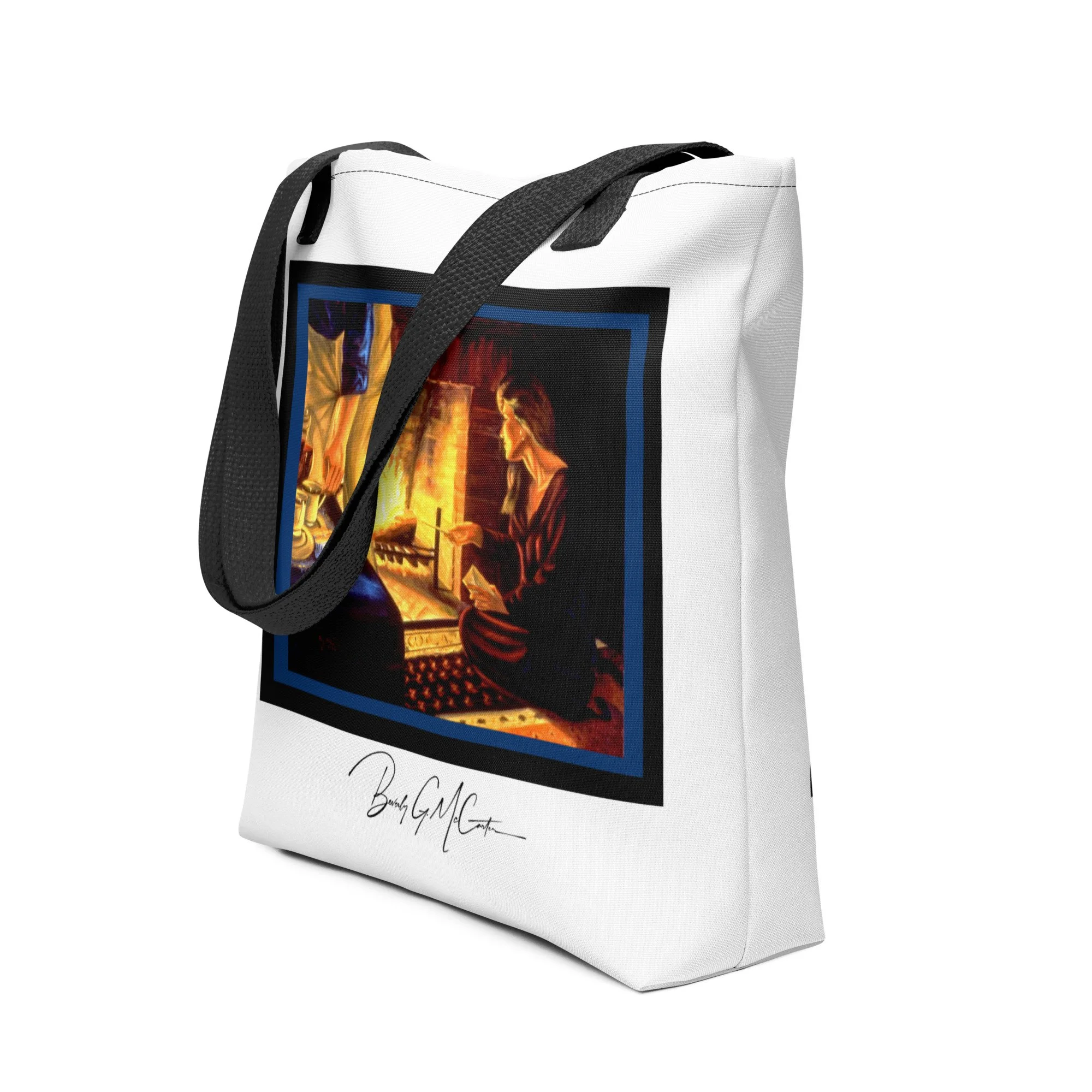 Polyester tote bag with The Letters oil print by Beverly G. McCarter, intimate ritual of release in firelight.