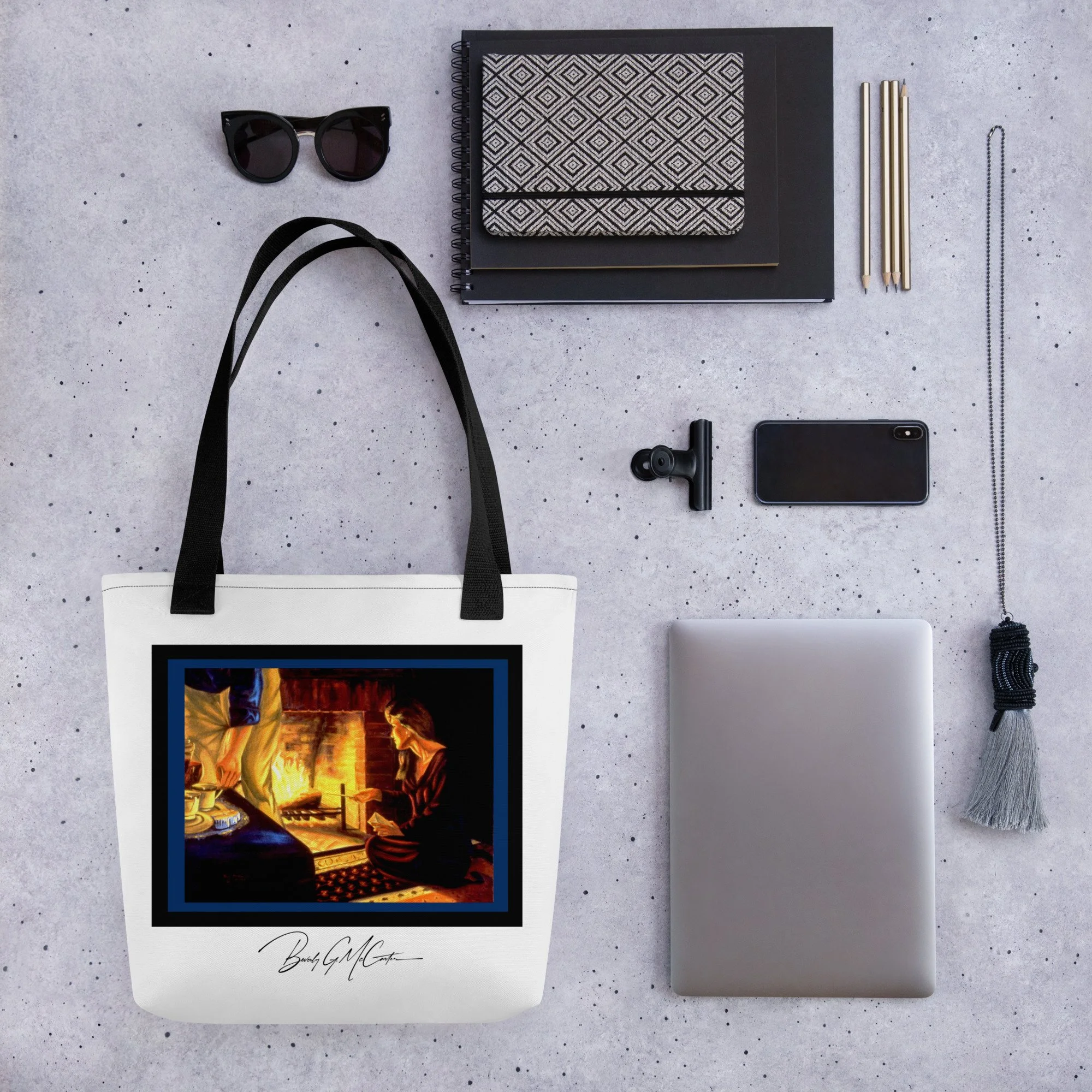 Polyester tote bag with The Letters oil print by Beverly G. McCarter, intimate ritual of release in firelight.